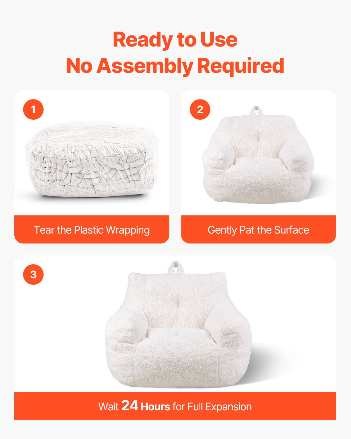 VEVOR Bean Bag Chair, 3 feet Bean Bag Chair with Soft Armrests and Storage Pocket, 25D Memory Foam Filled with Soft Teddy Velvet Cover, Bean Bag for Bedroom or Playroom, White