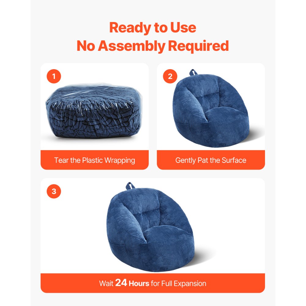 VEVOR Bean Bag Chair, 3 feet Bean Bag Chair with Soft Armrests and Storage Pocket, 25D Memory Foam Filled with Soft Teddy Velvet Cover, Bean Bag for Bedroom or Playroom, Blue