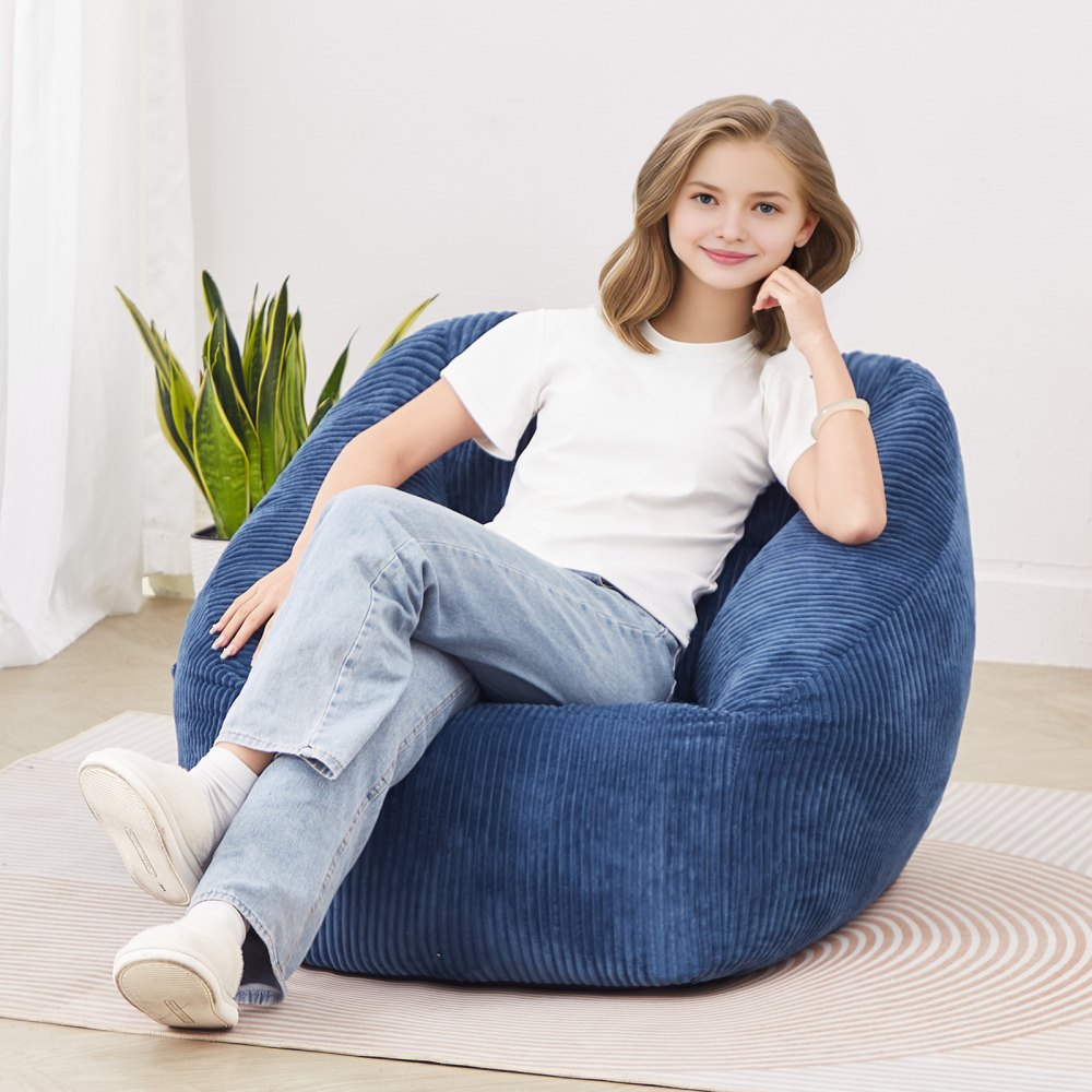 VEVOR Bean Bag Chair, 3 feet Bean Bag Chair with Soft Armrests and Storage Pocket, 25D Memory Foam Filled with Soft Teddy Velvet Cover, Bean Bag for Bedroom or Playroom, Blue