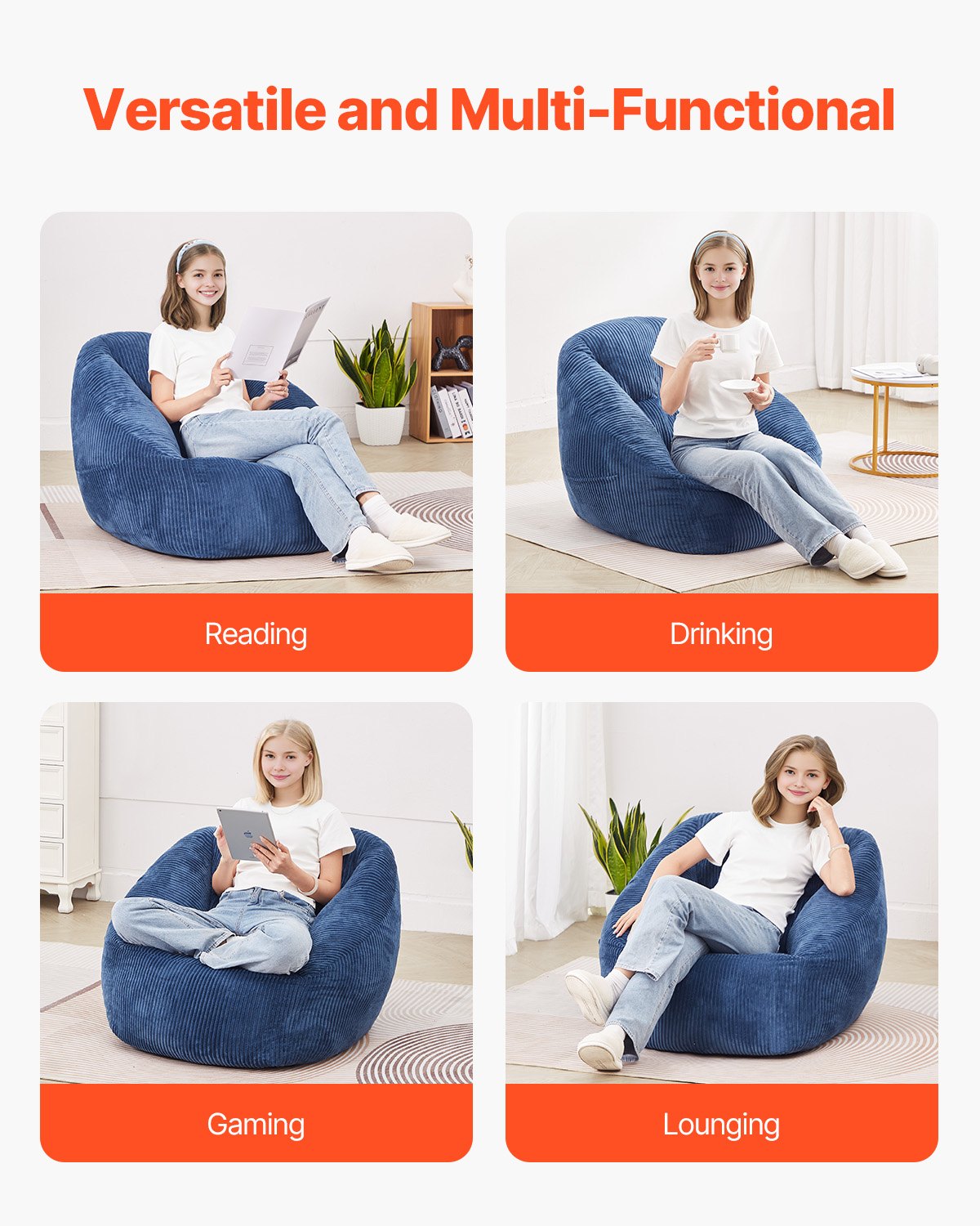 VEVOR Bean Bag Chair, 3 feet Bean Bag Chair with Soft Armrests and Storage Pocket, 25D Memory Foam Filled with Soft Teddy Velvet Cover, Bean Bag for Bedroom or Playroom, Blue