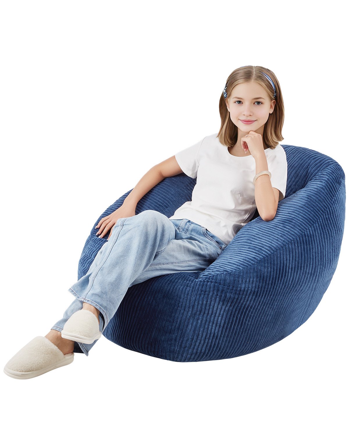 VEVOR Bean Bag Chair, 3 feet Bean Bag Chair with Soft Armrests and Storage Pocket, 25D Memory Foam Filled with Soft Teddy Velvet Cover, Bean Bag for Bedroom or Playroom, Blue