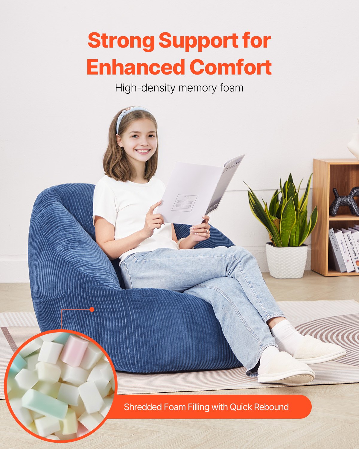 VEVOR Bean Bag Chair, 91 cm Bean Bag Chair with Soft Armrests and Storage Pocket, 25D Memory Foam Filled with Soft Teddy Velvet Cover, Bean Bag for Room, Bedroom, or Playroom, Blue