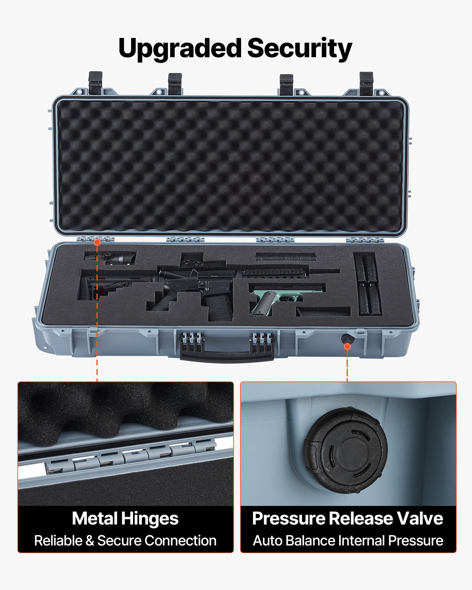 VEVOR Hard Rifle Case, Lockable Rifle Case with 4 Layers Pre-cut Foams, 97.8 cm Gun Storage with Wheels, IP67 Waterproof & Dustproof Pistol Storage Cases for Rifles, Shotguns, Airsoft Guns, Grey