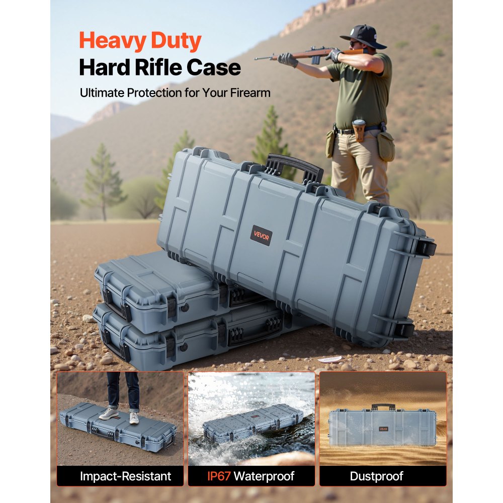 VEVOR Hard Rifle Case, Lockable Rifle Case with Pre-cut Foams, 108.9 cm Gun Storage with Wheels, IP67 Waterproof & Dustproof Movable Large Pistol Storage for Rifles, Shotguns, Airsoft Guns, Grey