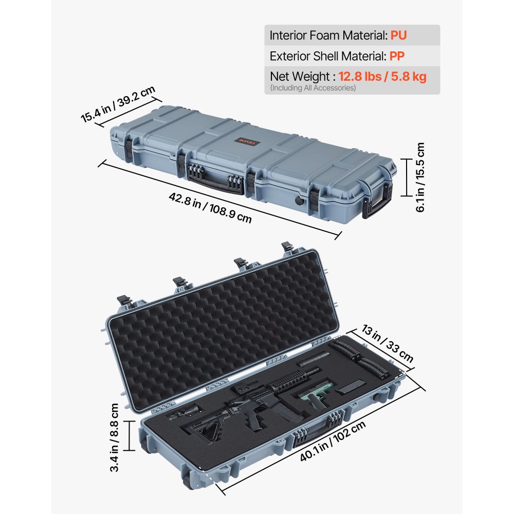 VEVOR Hard Rifle Case, Lockable Rifle Case with Pre-cut Foams, 108.9 cm Gun Storage with Wheels, IP67 Waterproof & Dustproof Movable Large Pistol Storage for Rifles, Shotguns, Airsoft Guns, Grey