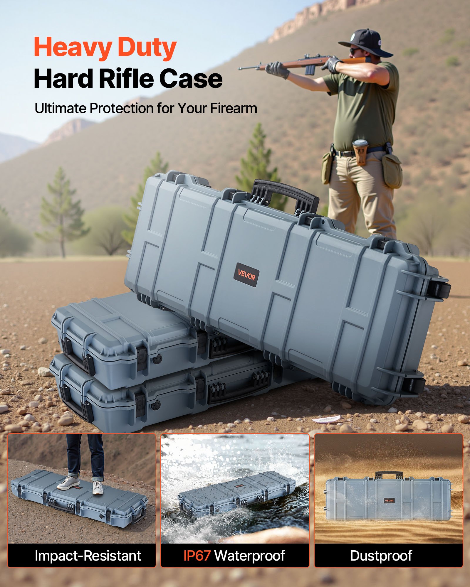 VEVOR Hard Rifle Case, Lockable Rifle Case with Pre-cut Foams, 108.9 cm Gun Storage with Wheels, IP67 Waterproof & Dustproof Movable Large Pistol Storage for Rifles, Shotguns, Airsoft Guns, Grey