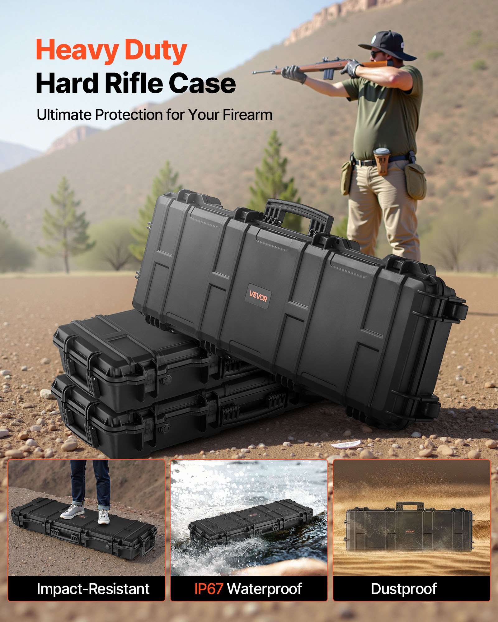 VEVOR Hard Rifle Case, Lockable Rifle Case with Pre-cut Foams, 108.9 cm Gun Storage with Wheels, IP67 Waterproof & Dustproof Movable Large Pistol Storage for Rifles, Shotguns, Airsoft Guns, Black
