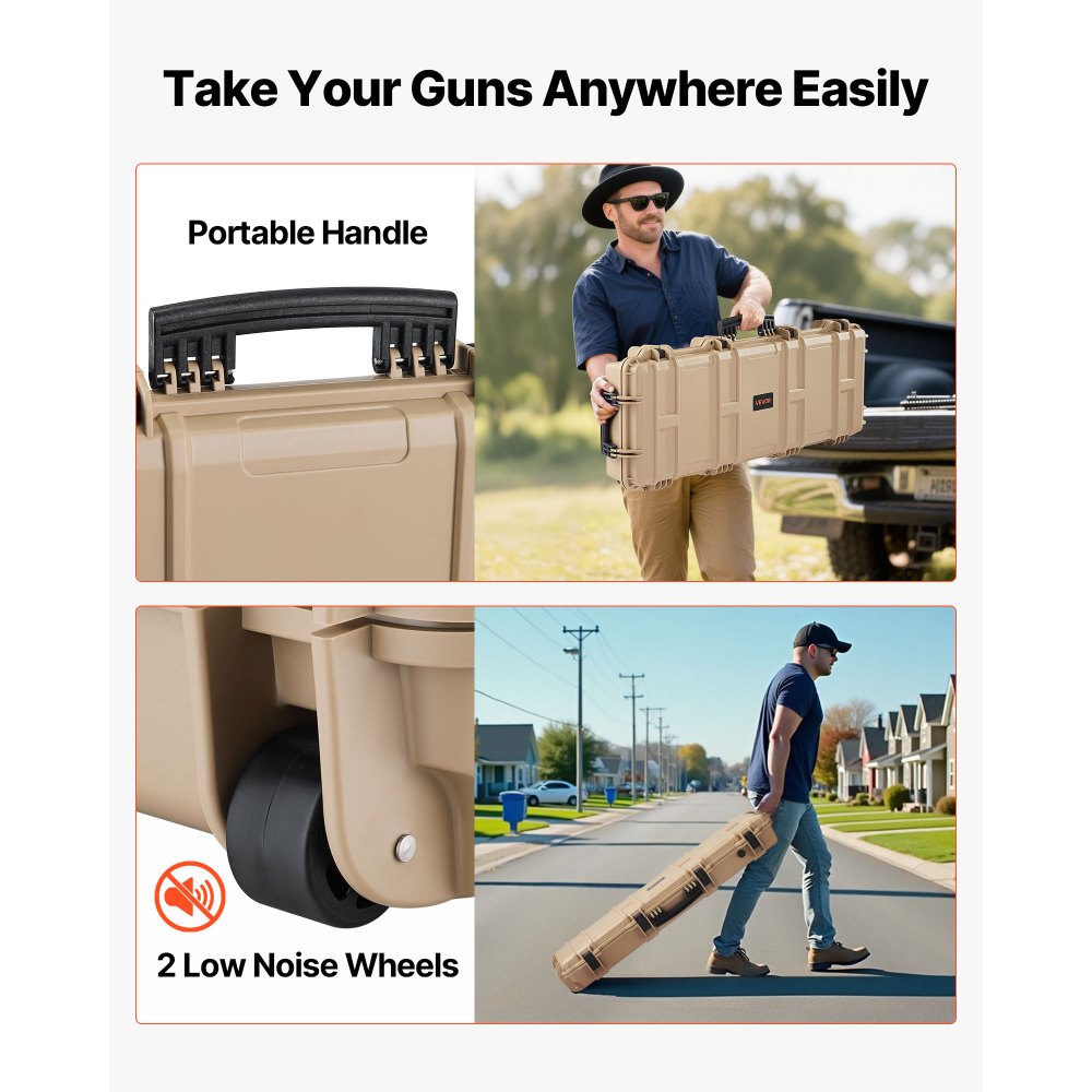 VEVOR Hard Rifle Case, Lockable Rifle Case with Pre-cut Foams, 108.9 cm Gun Storage with Wheels, IP67 Waterproof & Dustproof Movable Large Pistol Storage for Rifles, Shotguns, Airsoft Guns, Khaki