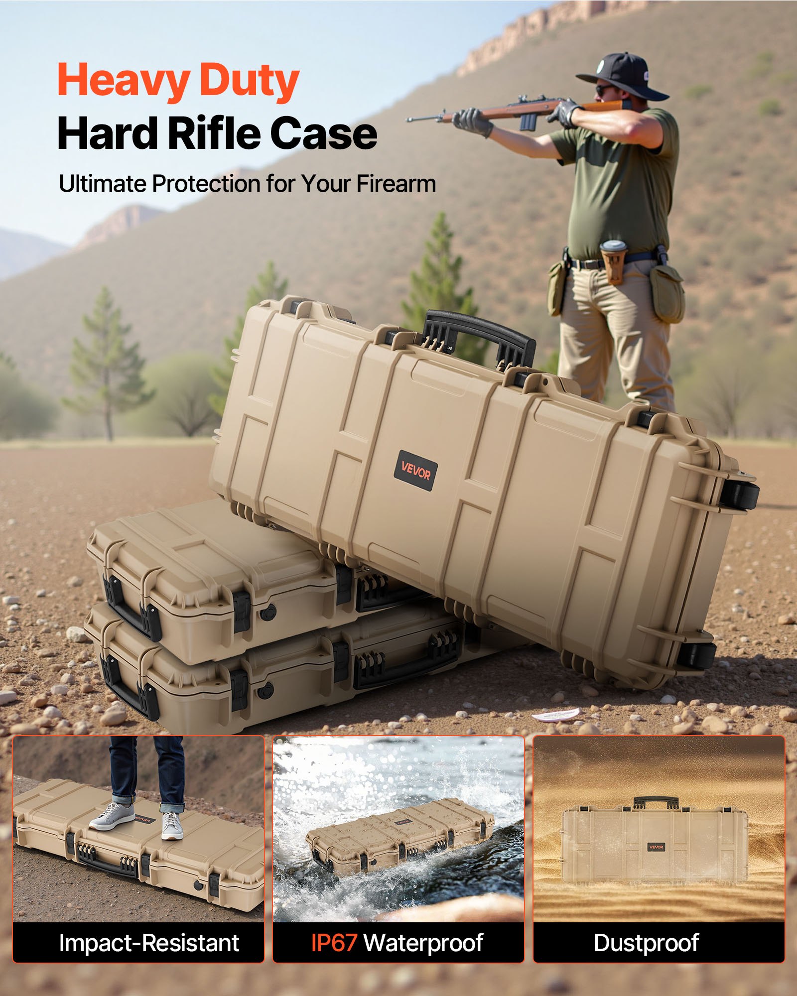VEVOR Hard Rifle Case, Lockable Rifle Case with Pre-cut Foams, 1016 mm Gun Storage with Wheels, IP67 Waterproof & Dustproof Movable Large Pistol Storage for Rifles, Shotguns, Airsoft Guns, Khaki