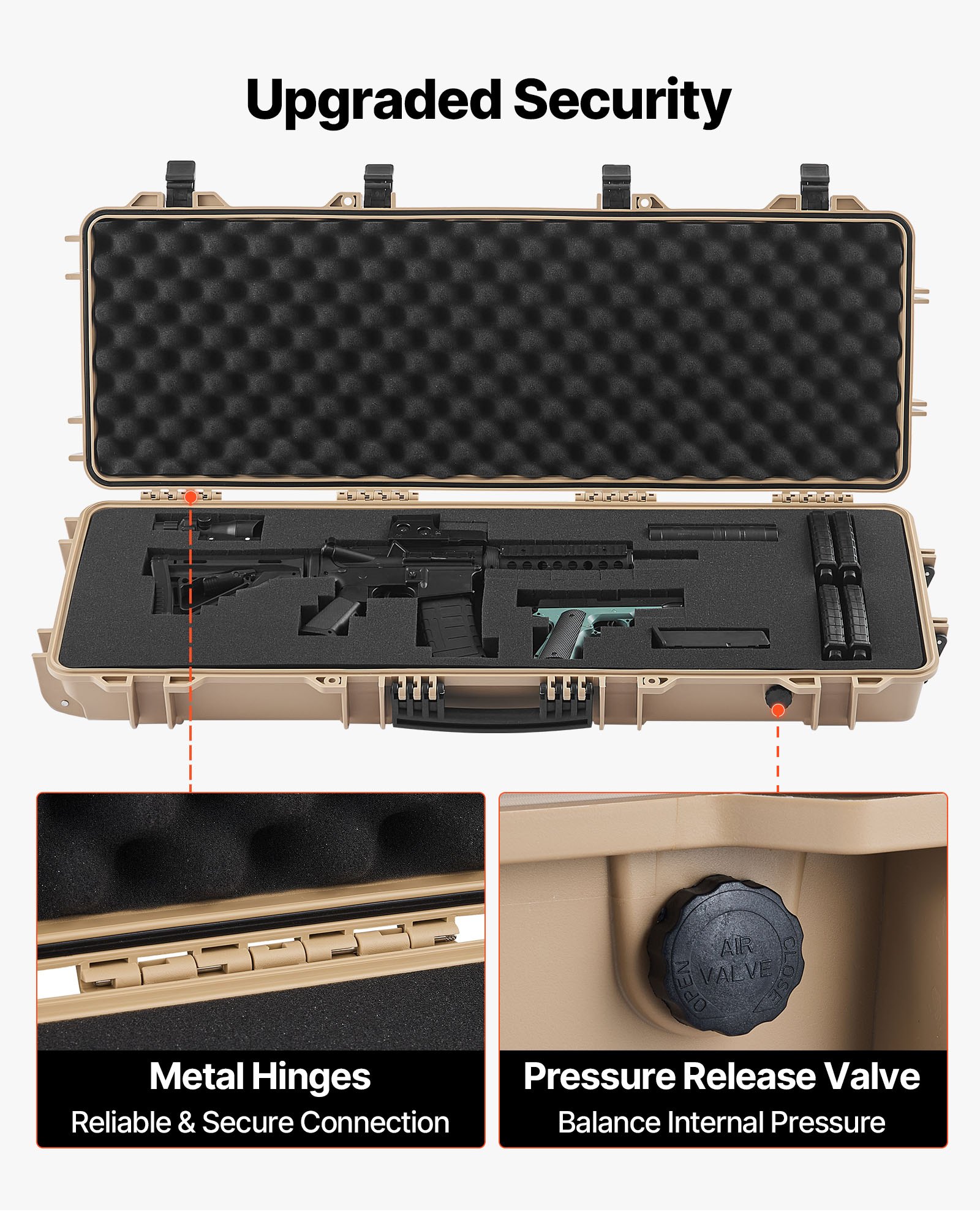 VEVOR Hard Rifle Case, Lockable Rifle Case with Pre-cut Foams, 108.9 cm Gun Storage with Wheels, IP67 Waterproof & Dustproof Movable Large Pistol Storage for Rifles, Shotguns, Airsoft Guns, Khaki