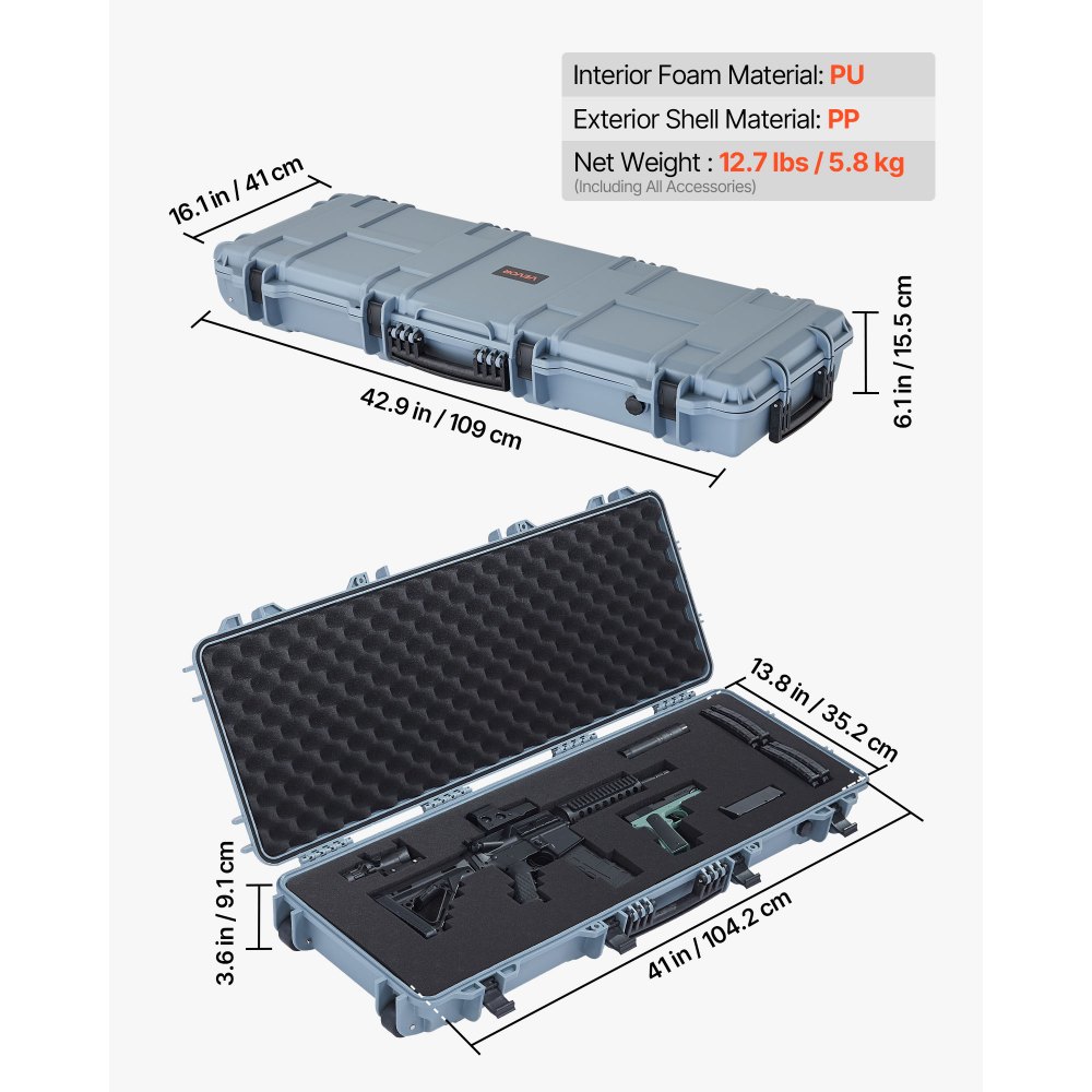 VEVOR Hard Rifle Case, Lockable Rifle Case with Pre-cut Foams, 109 cm Movable Gun Storage with Wheels, IP67 Waterproof & Dustproof Pistol Storage for Rifle, Shotgun, Airsoft Gun, Grey