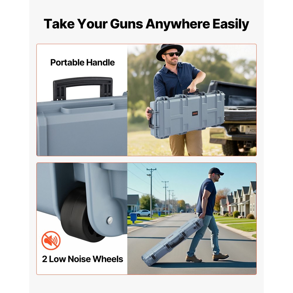 VEVOR Hard Rifle Case, Lockable Rifle Case with Pre-cut Foams, 109 cm Movable Gun Storage with Wheels, IP67 Waterproof & Dustproof Pistol Storage for Rifle, Shotgun, Airsoft Gun, Grey