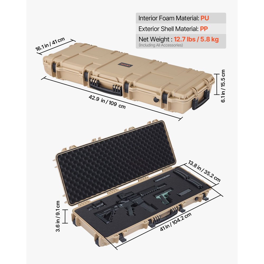 VEVOR Hard Rifle Case, Lockable Rifle Case with Pre-cut Foams, 1066 mm Movable Gun Storage with Wheels, IP67 Waterproof & Dustproof Pistol Storage for Rifle, Shotgun, Airsoft Gun, Khaki