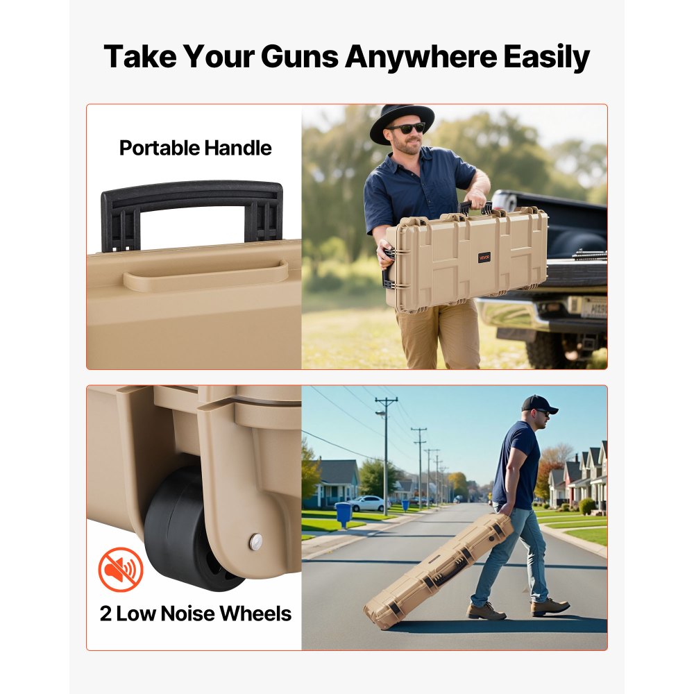 VEVOR Hard Rifle Case, Lockable Rifle Case with Pre-cut Foams, 109 cm Movable Gun Storage with Wheels, IP67 Waterproof & Dustproof Pistol Storage for Rifle, Shotgun, Airsoft Gun, Khaki