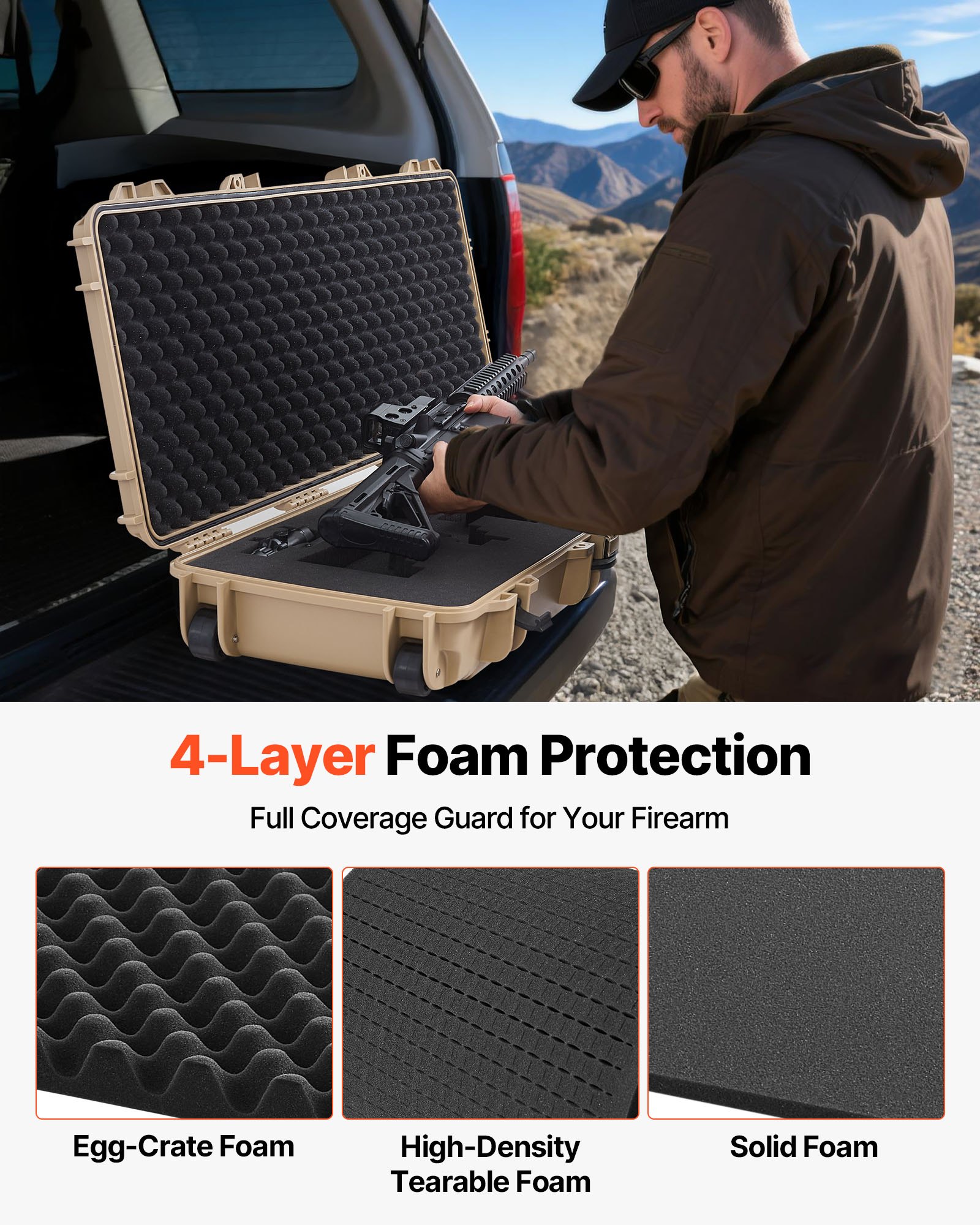 VEVOR Hard Rifle Case, Lockable Rifle Case with Pre-cut Foams, 1066 mm Movable Gun Storage with Wheels, IP67 Waterproof & Dustproof Pistol Storage for Rifle, Shotgun, Airsoft Gun, Khaki