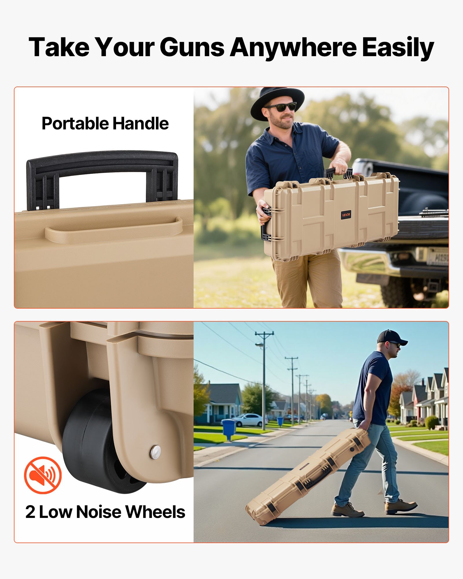 VEVOR Hard Rifle Case, Lockable Rifle Case with Pre-cut Foams, 109 cm Movable Gun Storage with Wheels, IP67 Waterproof & Dustproof Pistol Storage for Rifle, Shotgun, Airsoft Gun, Khaki