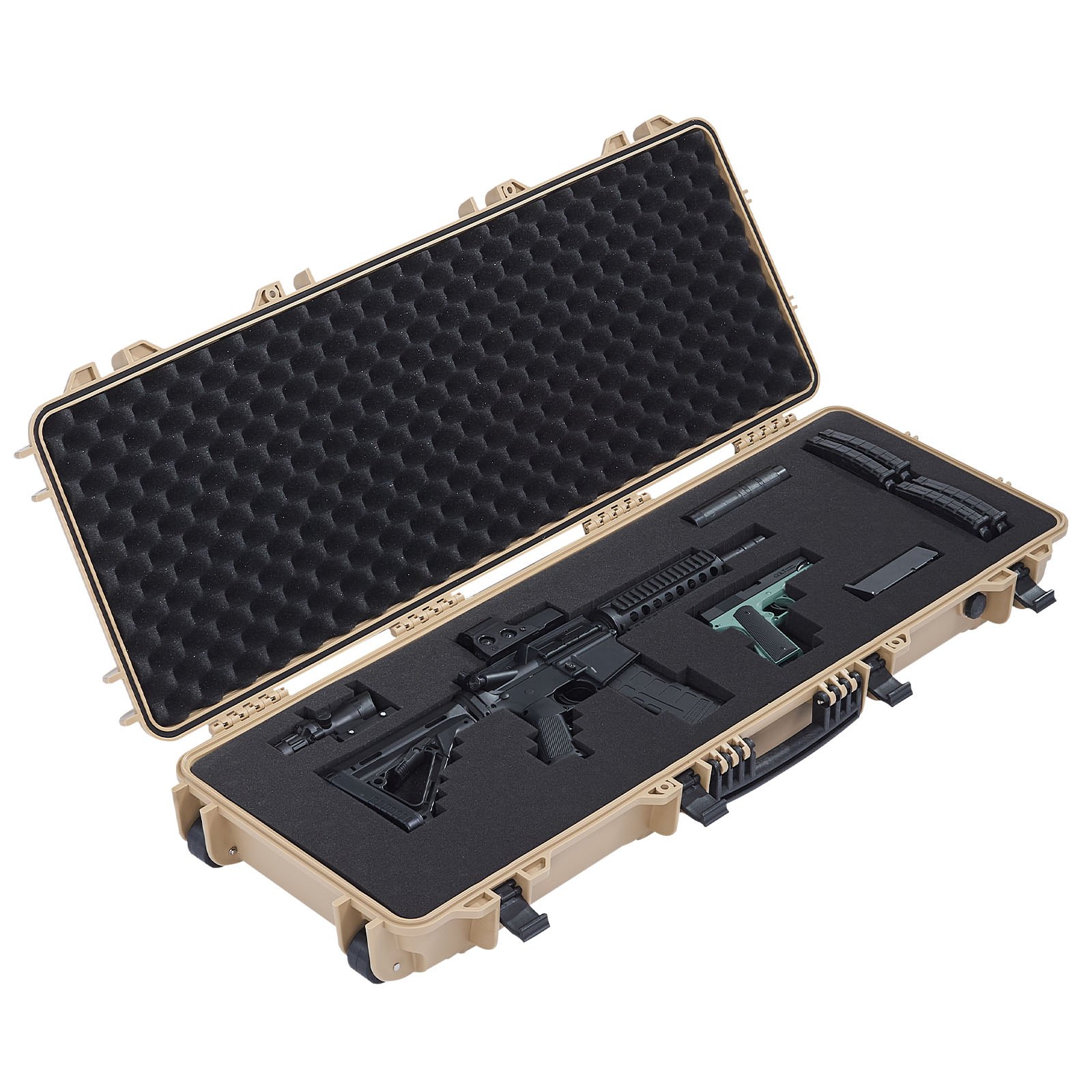 VEVOR Hard Rifle Case, Lockable Rifle Case with Pre-cut Foams, 109 cm Movable Gun Storage with Wheels, IP67 Waterproof & Dustproof Pistol Storage for Rifle, Shotgun, Airsoft Gun, Khaki
