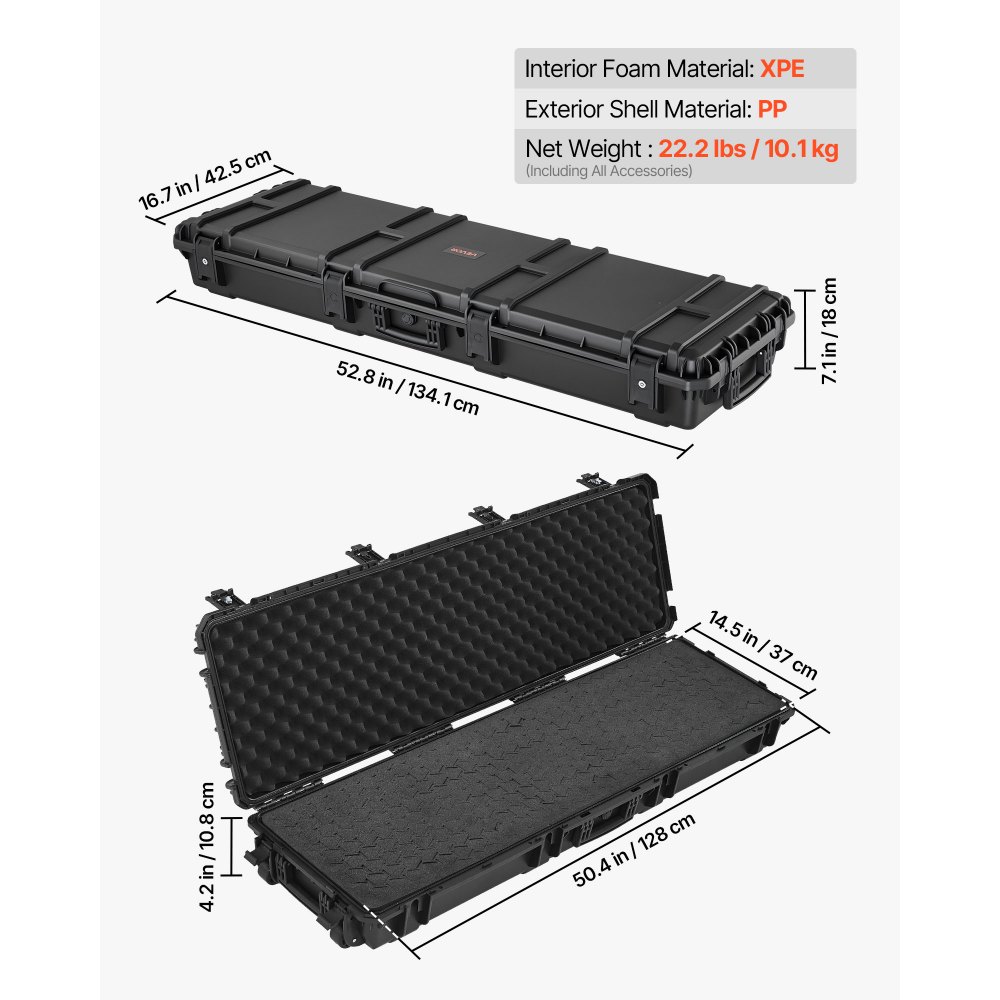 VEVOR Hard Rifle Case, Lockable Rifle Case with Detachable XPE Foam, 1270 mm Gun Storage with Wheels, IP67 Waterproof & Dustproof Pistol Storage Cases for Rifles, Shotguns, Airsoft Guns, Black