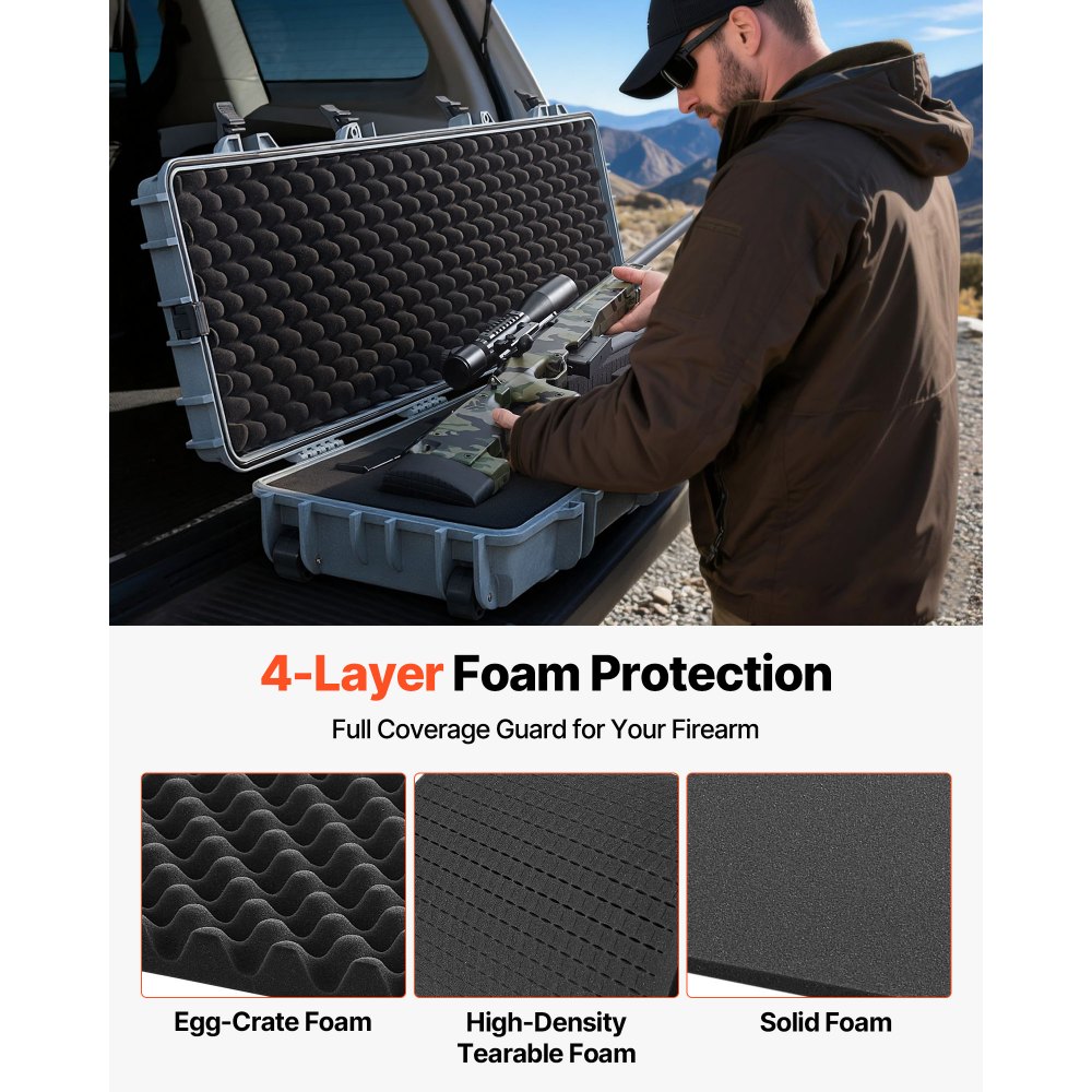 VEVOR Hard Rifle Case, Lockable Rifle Case with Pre-cut Foams, 138 cm Movable Gun Storage with Wheels, IP67 Waterproof & Dustproof Pistol Storage for Rifle, Shotgun, Airsoft Gun, Grey