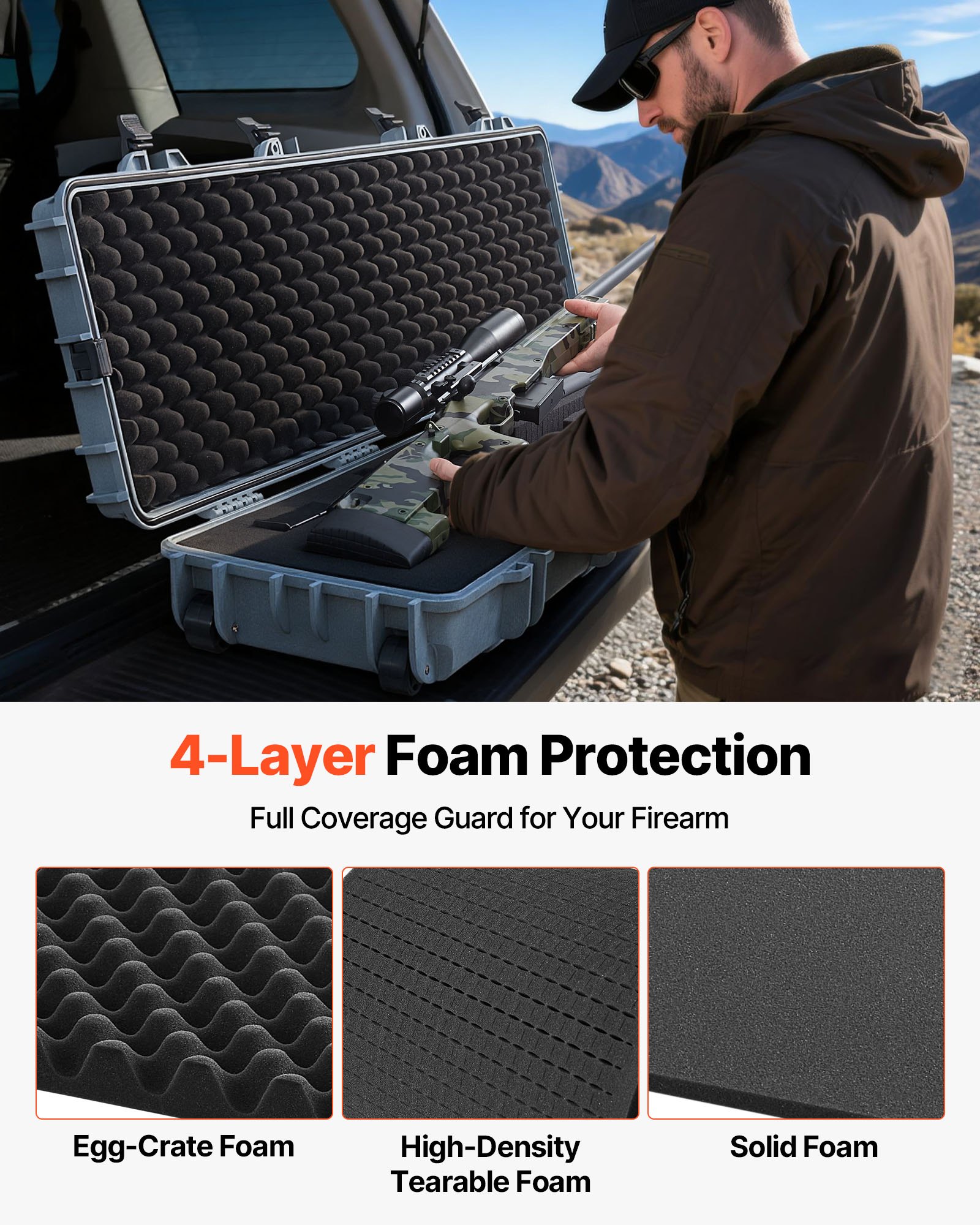 VEVOR Hard Rifle Case, Lockable Rifle Case with Pre-cut Foams, 138 cm Movable Gun Storage with Wheels, IP67 Waterproof & Dustproof Pistol Storage for Rifle, Shotgun, Airsoft Gun, Grey