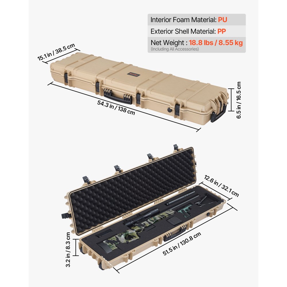 VEVOR Hard Rifle Case, Lockable Rifle Case with Pre-cut Foams, 1270 mm Movable Gun Storage with Wheels, IP67 Waterproof & Dustproof Pistol Storage for Rifle, Shotgun, Airsoft Gun, Khaki