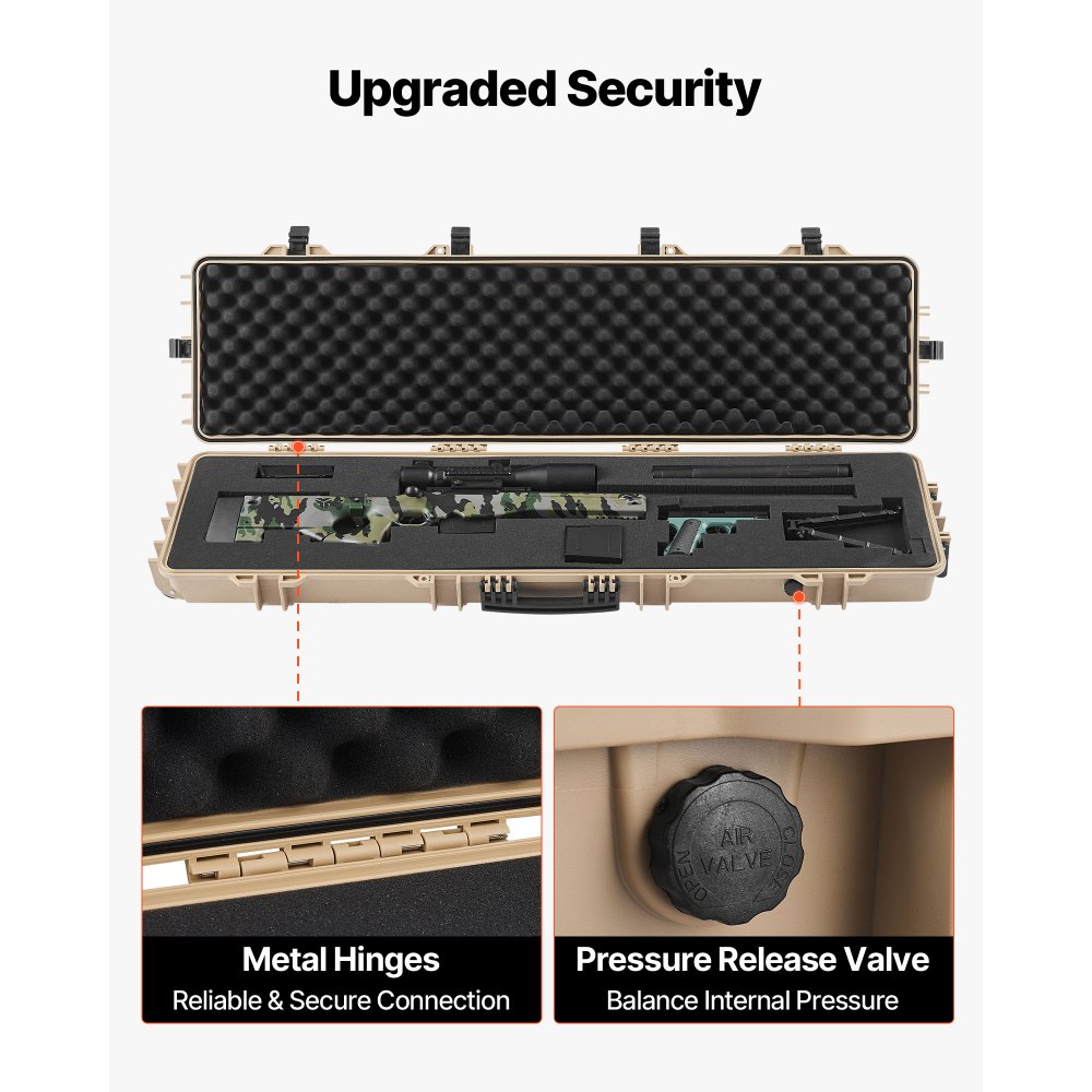 VEVOR Hard Rifle Case, Lockable Rifle Case with Pre-cut Foams, 138 cm Movable Gun Storage with Wheels, IP67 Waterproof & Dustproof Pistol Storage for Rifle, Shotgun, Airsoft Gun, Khaki