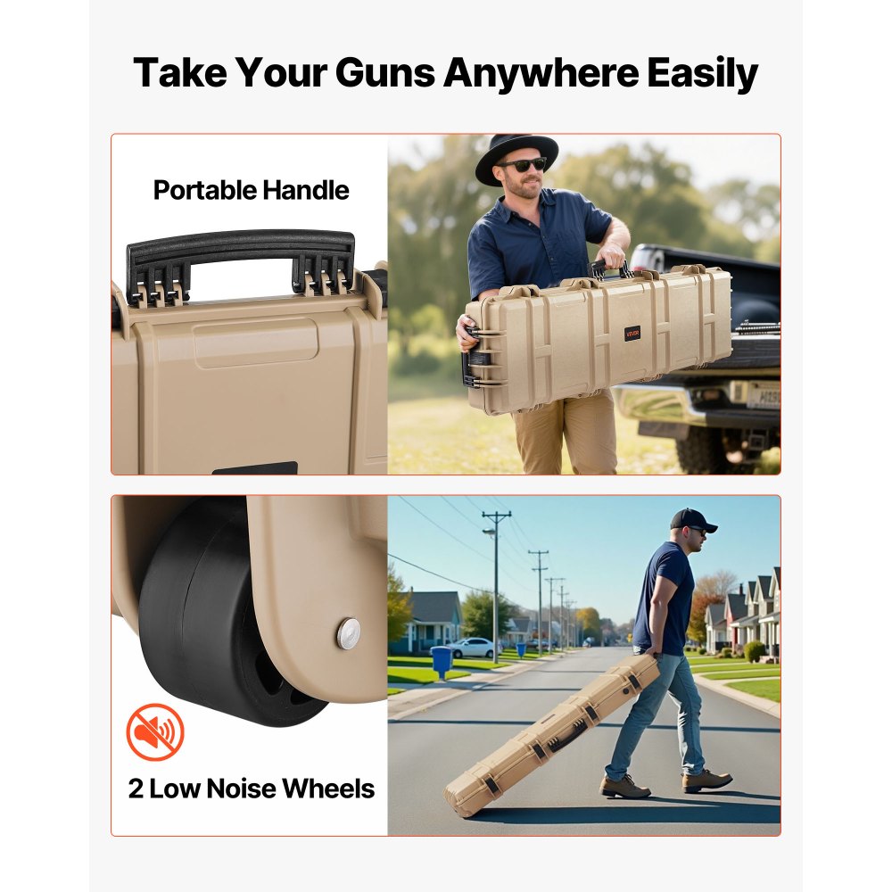 VEVOR Hard Rifle Case, Lockable Rifle Case with Pre-cut Foams, 138 cm Movable Gun Storage with Wheels, IP67 Waterproof & Dustproof Pistol Storage for Rifle, Shotgun, Airsoft Gun, Khaki
