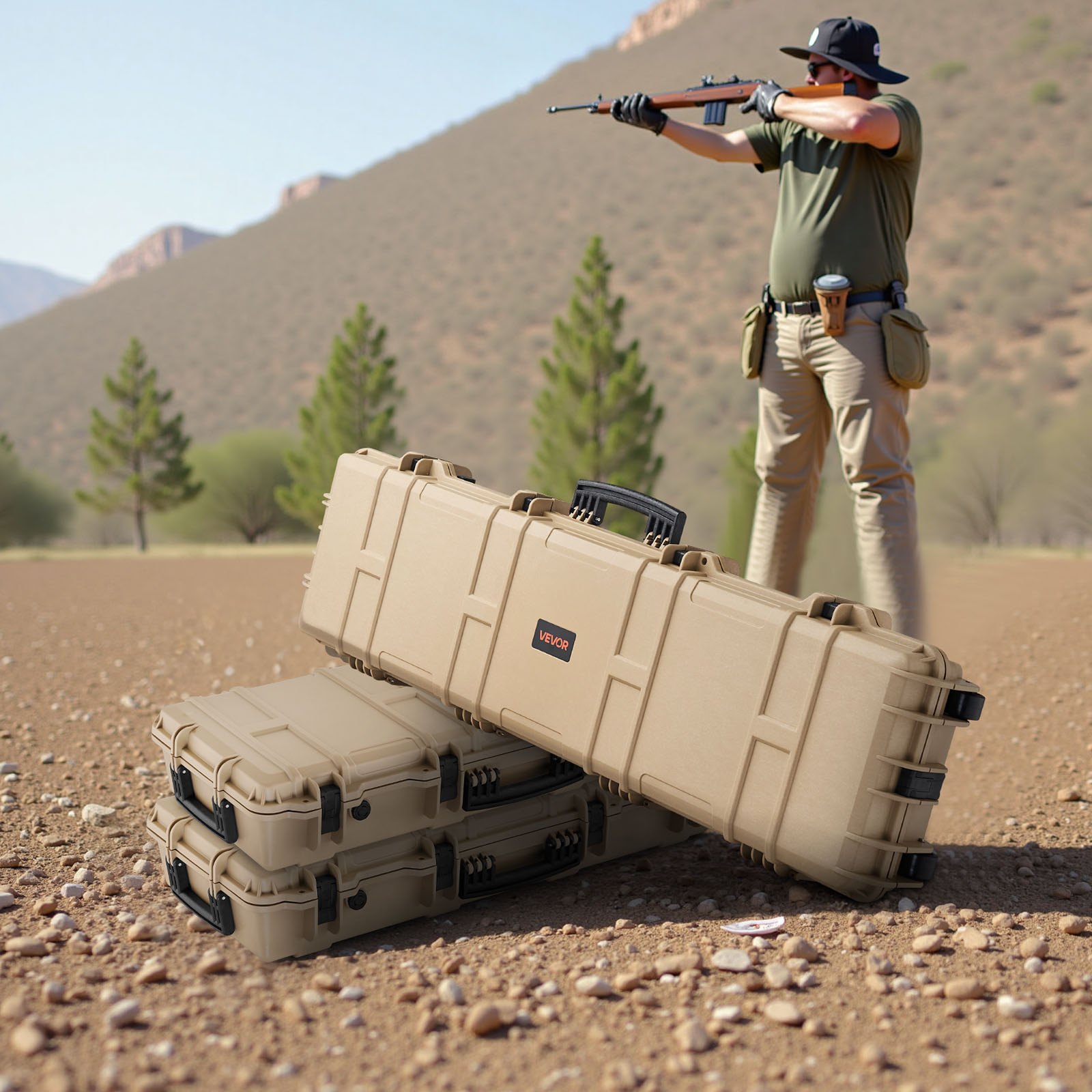 VEVOR Hard Rifle Case, Lockable Rifle Case with Pre-cut Foams, 138 cm Movable Gun Storage with Wheels, IP67 Waterproof & Dustproof Pistol Storage for Rifle, Shotgun, Airsoft Gun, Khaki