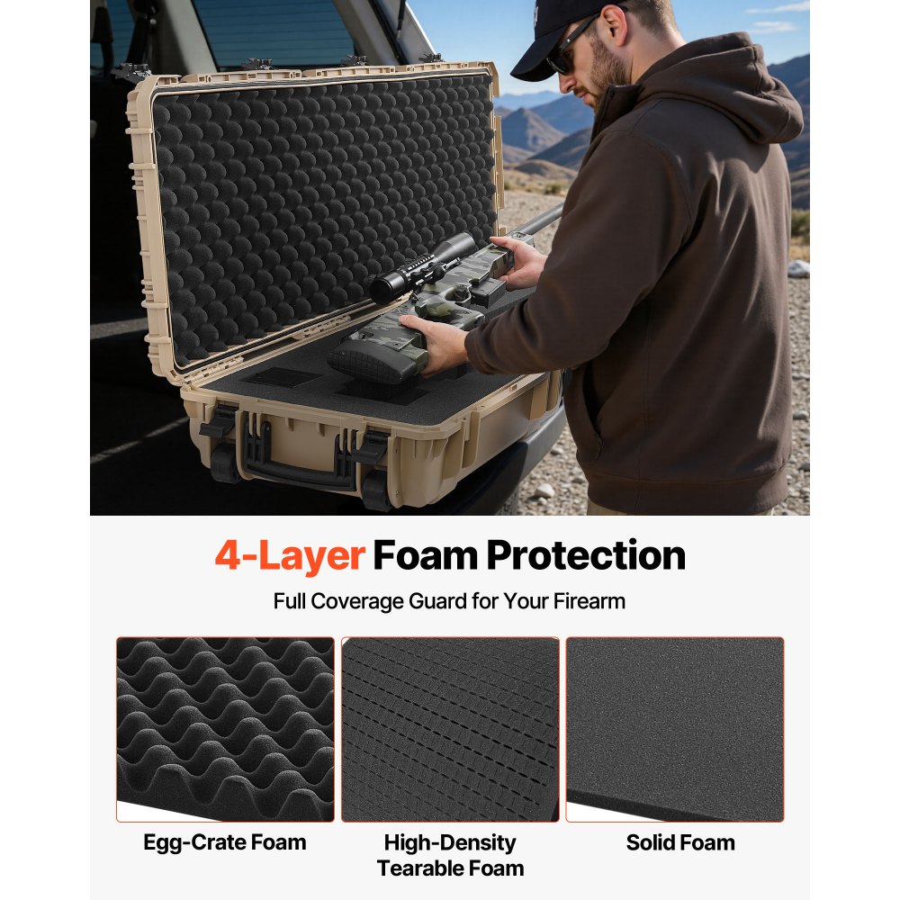VEVOR Hard Rifle Case, Lockable Rifle Case with Pre-cut Foams, 1320 mm Gun Storage with Wheels, Heavy Duty IP67 Waterproof & Dustproof Pistol Storage Cases for Rifles, Shotguns, Airsoft Guns, Khaki