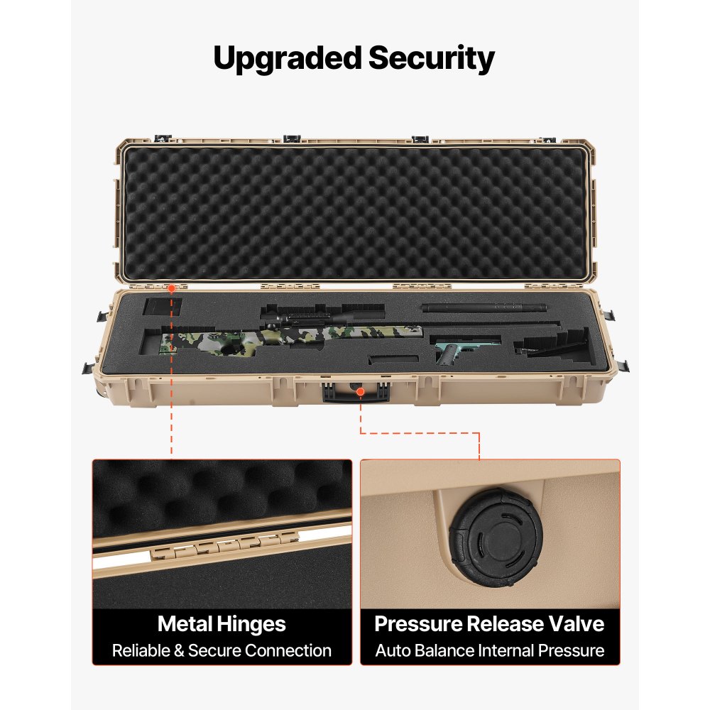 VEVOR Hard Rifle Case, Lockable Rifle Case with Pre-cut Foams, 1320 mm Gun Storage with Wheels, Heavy Duty IP67 Waterproof & Dustproof Pistol Storage Cases for Rifles, Shotguns, Airsoft Guns, Khaki