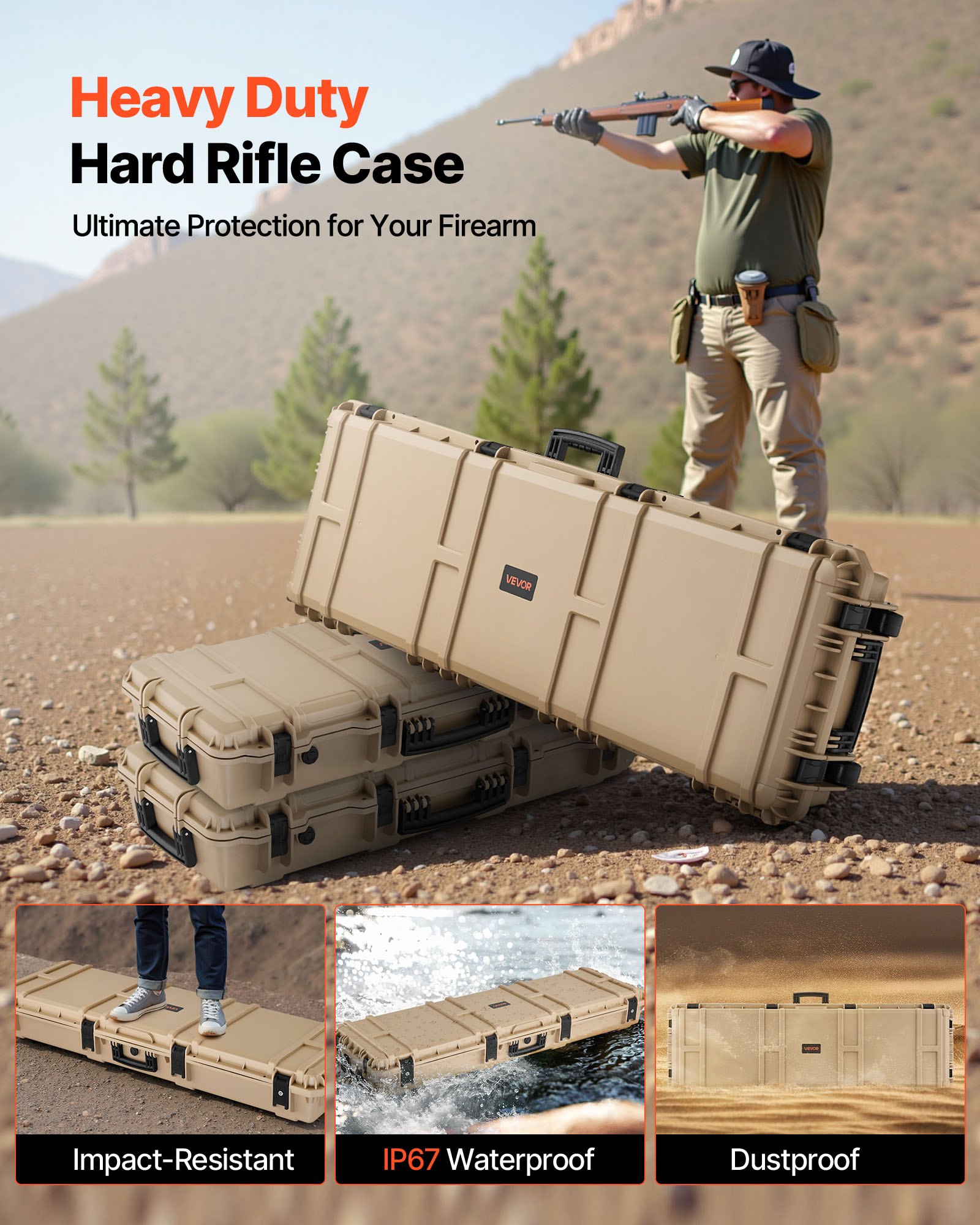VEVOR Hard Rifle Case, Lockable Rifle Case with Pre-cut Foams, 1320 mm Gun Storage with Wheels, Heavy Duty IP67 Waterproof & Dustproof Pistol Storage Cases for Rifles, Shotguns, Airsoft Guns, Khaki