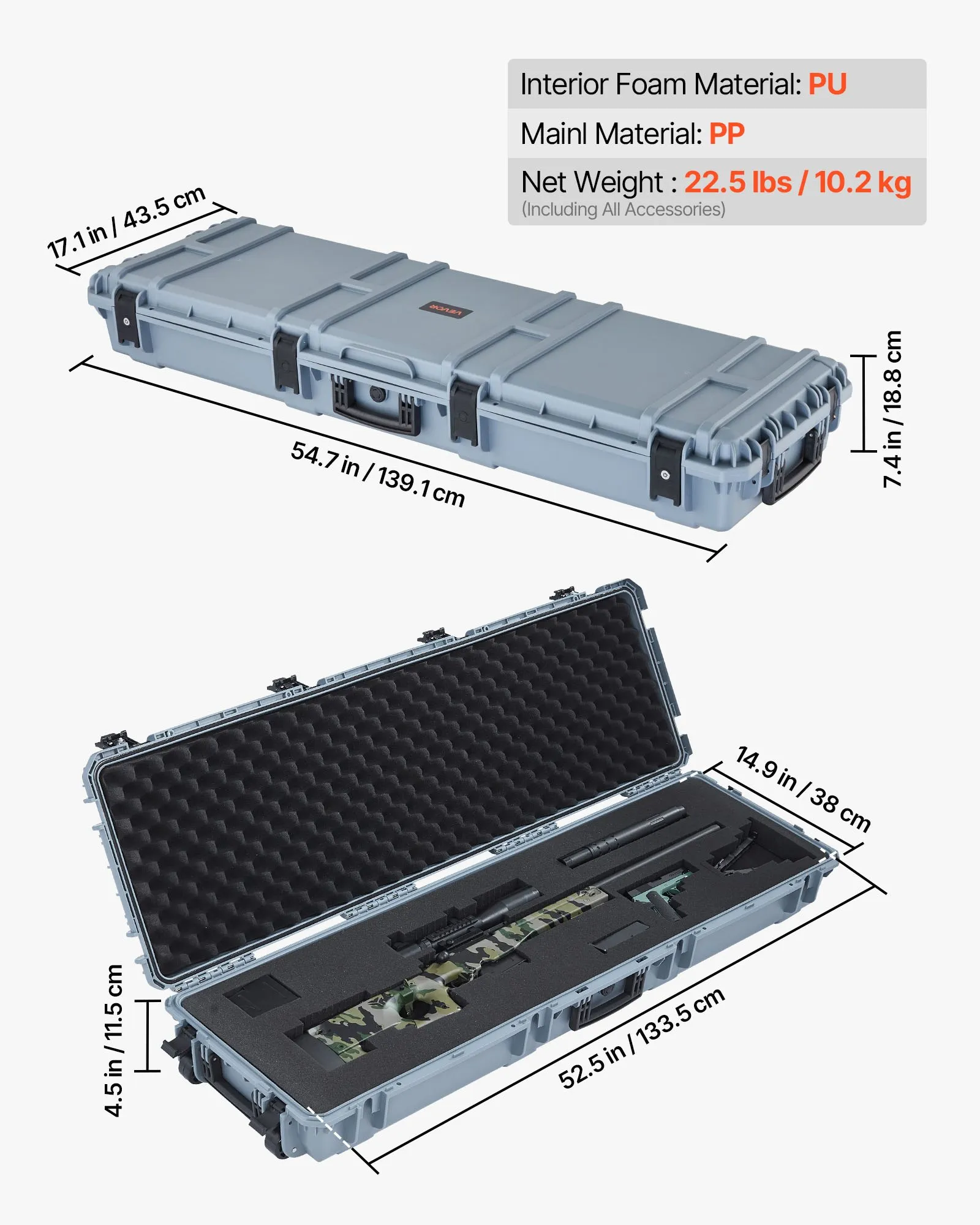 VEVOR Hard Rifle Case, Lockable Rifle Case with Pre-cut Foams, 52 in ...