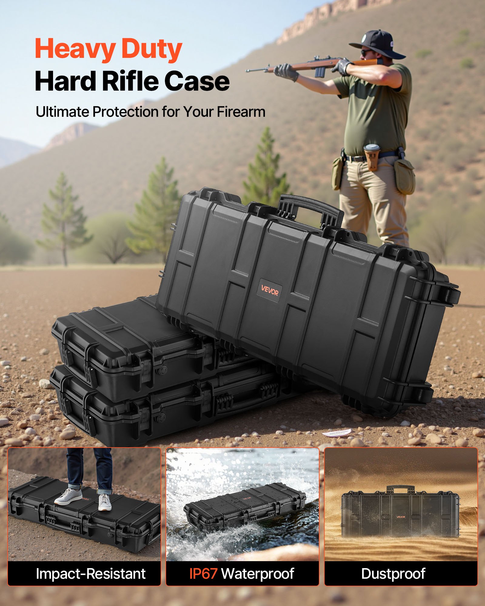 VEVOR Hard Rifle Case, Lockable Rifle Case with 4 Layers Pre-cut Foams, 98 cm Gun Storage with Wheels, IP67 Waterproof & Dustproof Pistol Storage Cases for Rifles, Shotguns, Airsoft Guns, Black