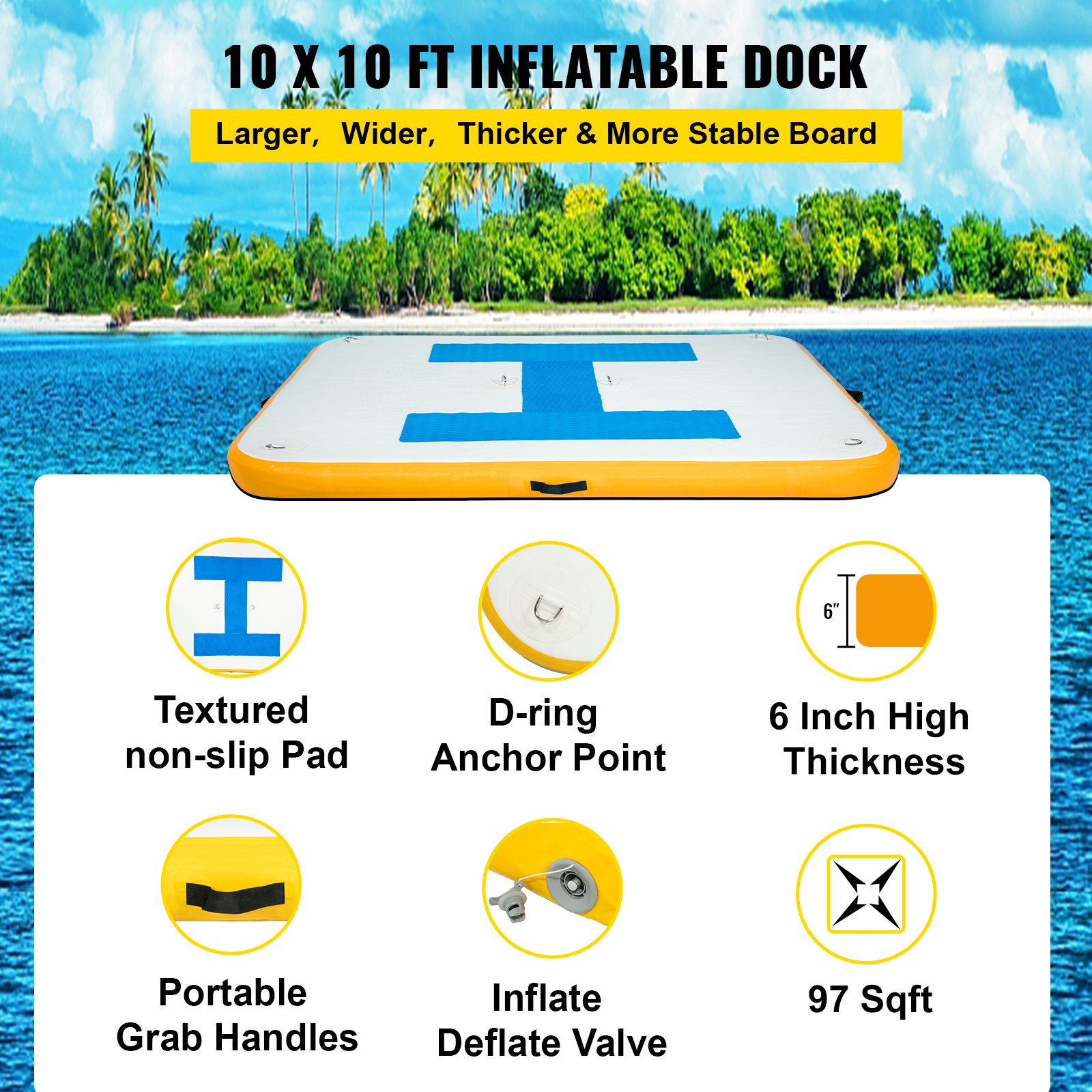 VEVOR Inflatable Floating Dock 10 x 10 ft, Inflatable Dock Platform, Inflatable Swim Platform 6 Inch Thick, Floating Dock 8-10 People, Floating Platform for Pool Beach Ocean