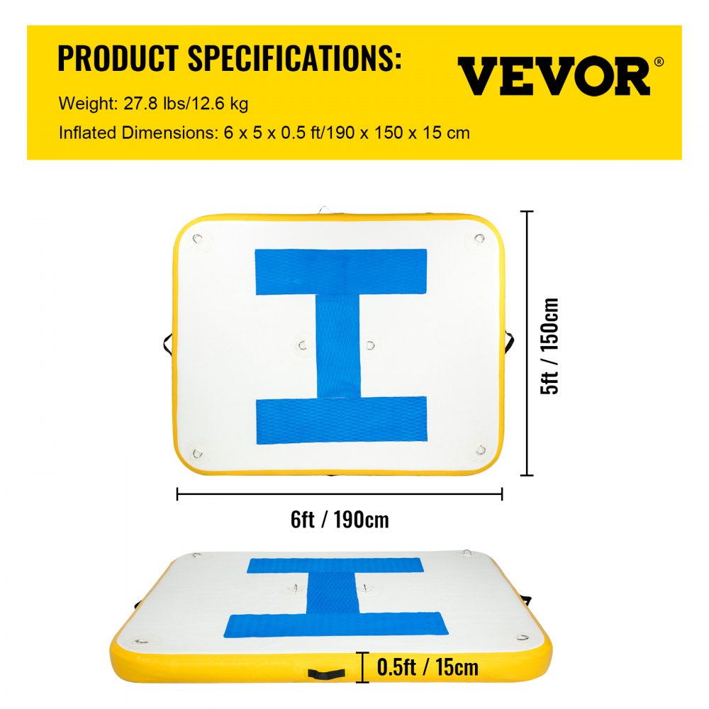 VEVOR Inflatable Floating Dock 6 x 5 ft, Inflatable Dock Platform 6 Inch Thick, Inflatable Swim Platform 3-5 People, Floating Dock with Electric Air Pump, Floating Platform for Pool Beach Ocean