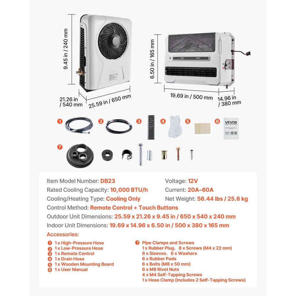 VEVOR Truck Air Conditioner, 12V 10000 BTU Mini Split AC Unit, 400 m³/h Airflow Cab Air Conditioner, Fast Cooling Low Noise for Semi Truck, Camper, Construction Vehicle, Crane, Tractor, Excavator