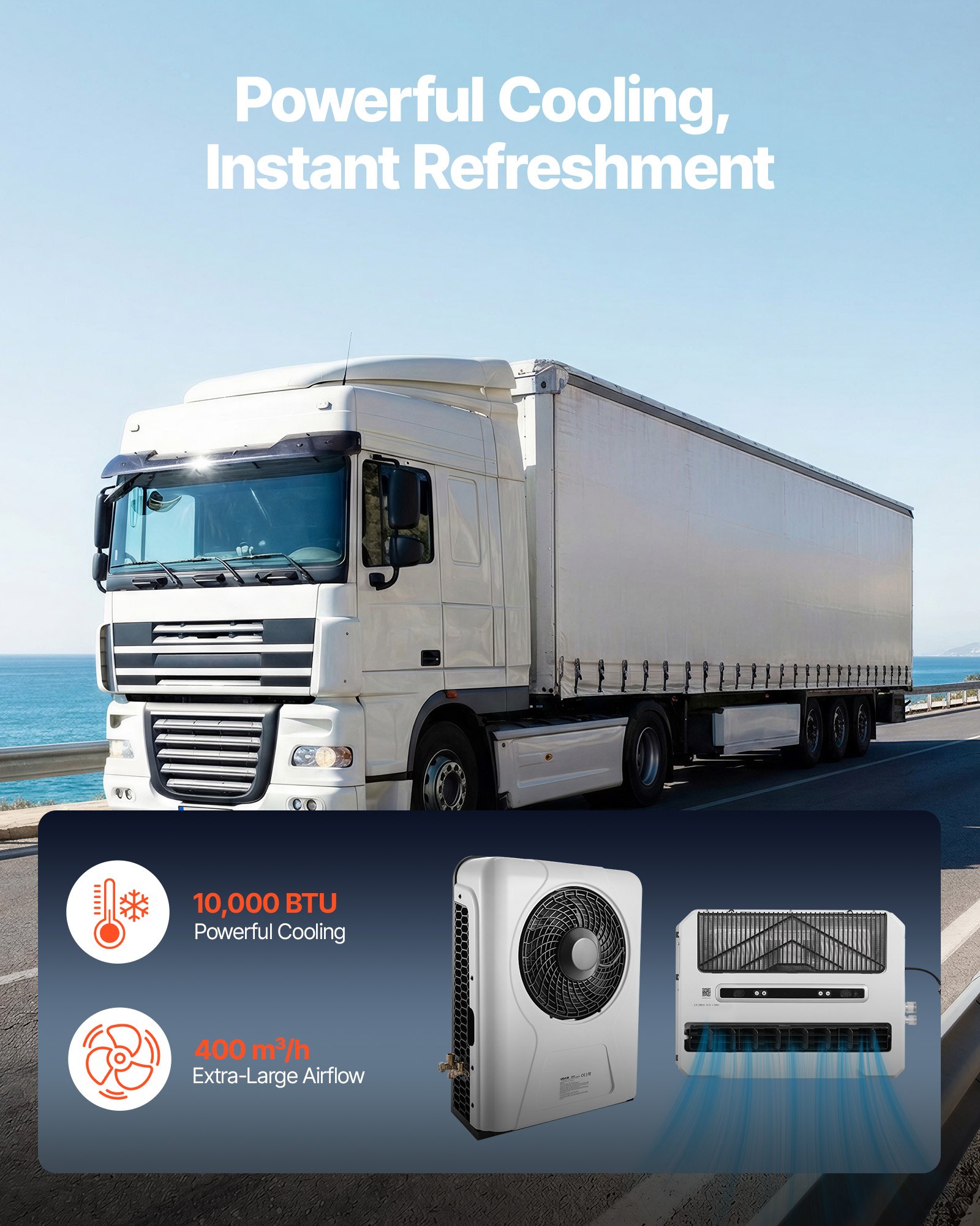 VEVOR Truck Air Conditioner, 12V 10000 BTU Mini Split AC Unit, 400 m³/h Airflow Cab Air Conditioner, Fast Cooling Low Noise for Semi Truck, Camper, Construction Vehicle, Crane, Tractor, Excavator