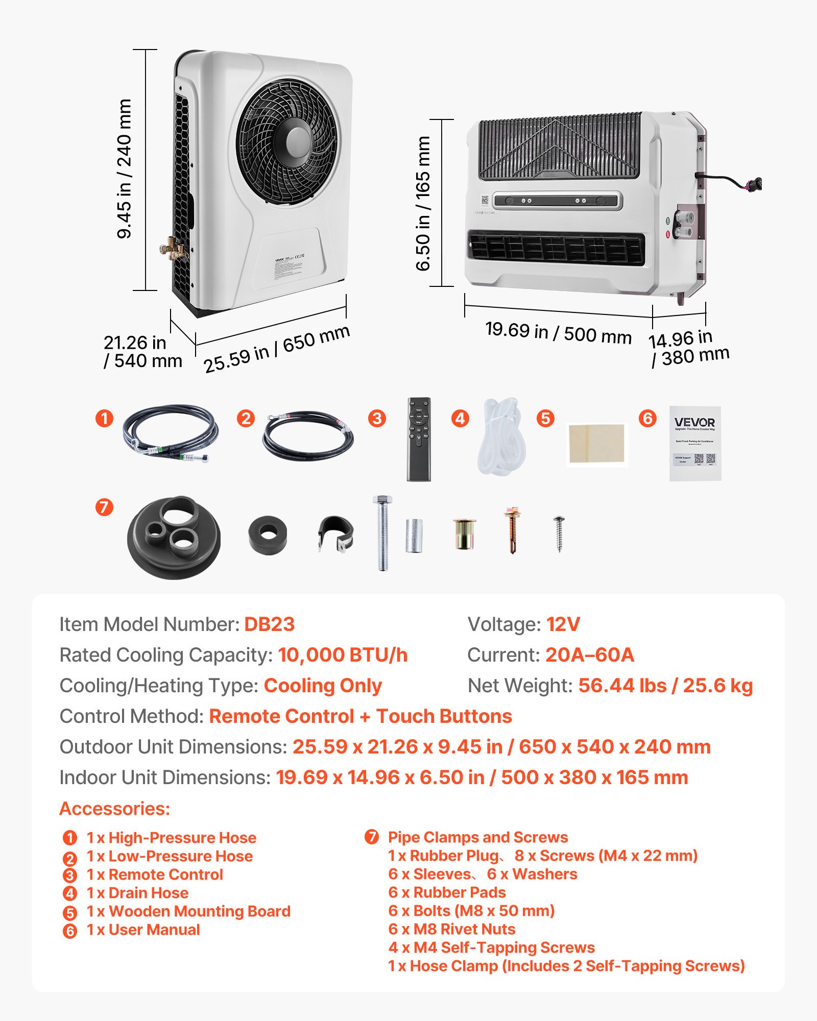 VEVOR Truck Air Conditioner, 12V 10000 BTU Mini Split AC Unit, 400 m³/h Airflow Cab Air Conditioner, Fast Cooling Low Noise for Semi Truck, Camper, Construction Vehicle, Crane, Tractor, Excavator