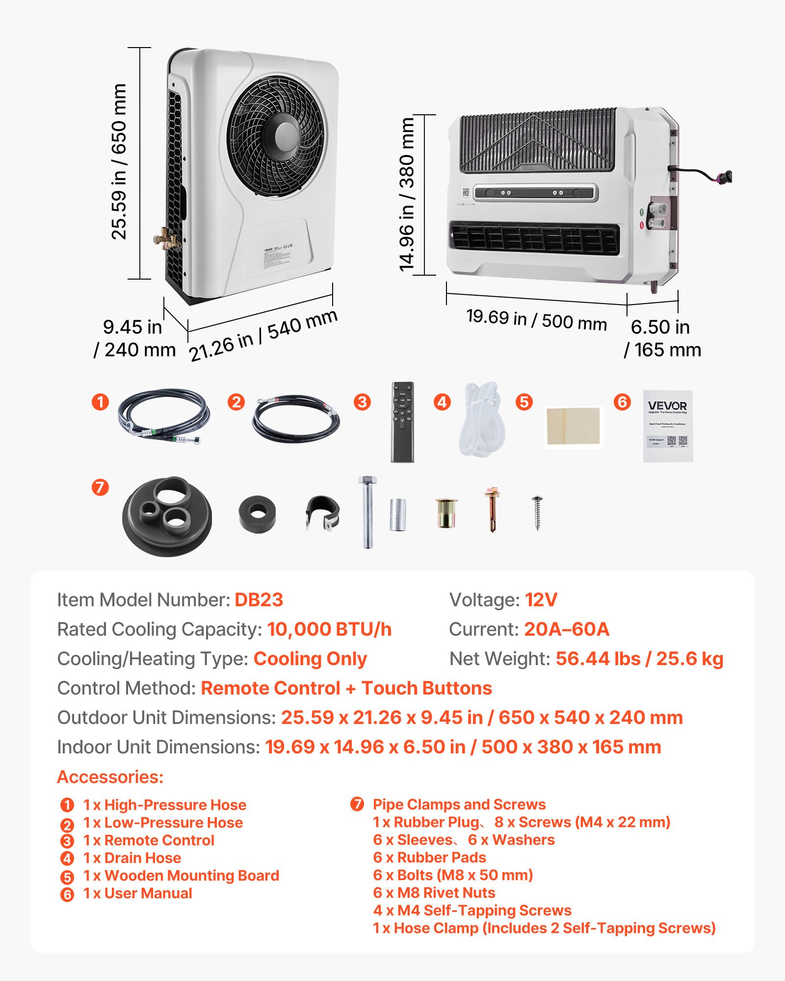 VEVOR Truck Air Conditioner, 12V 10000 BTU Mini Split AC Unit, 400 m³/h Airflow Cab Air Conditioner, Fast Cooling Low Noise for Semi Truck, Camper, Construction Vehicle, Crane, Tractor, Excavator