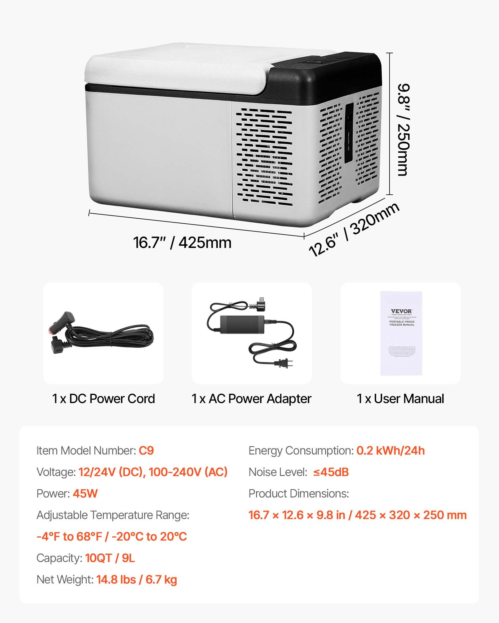 VEVOR 12 Volt Refrigerator 10 Qt, Portable Mini Freezer (-4℉~68℉) with APP Control Car Compressor Fridge Cooler 12V/24V DC and 110-220V AC For Camping, Road Trip, Travel, Outdoor and Home