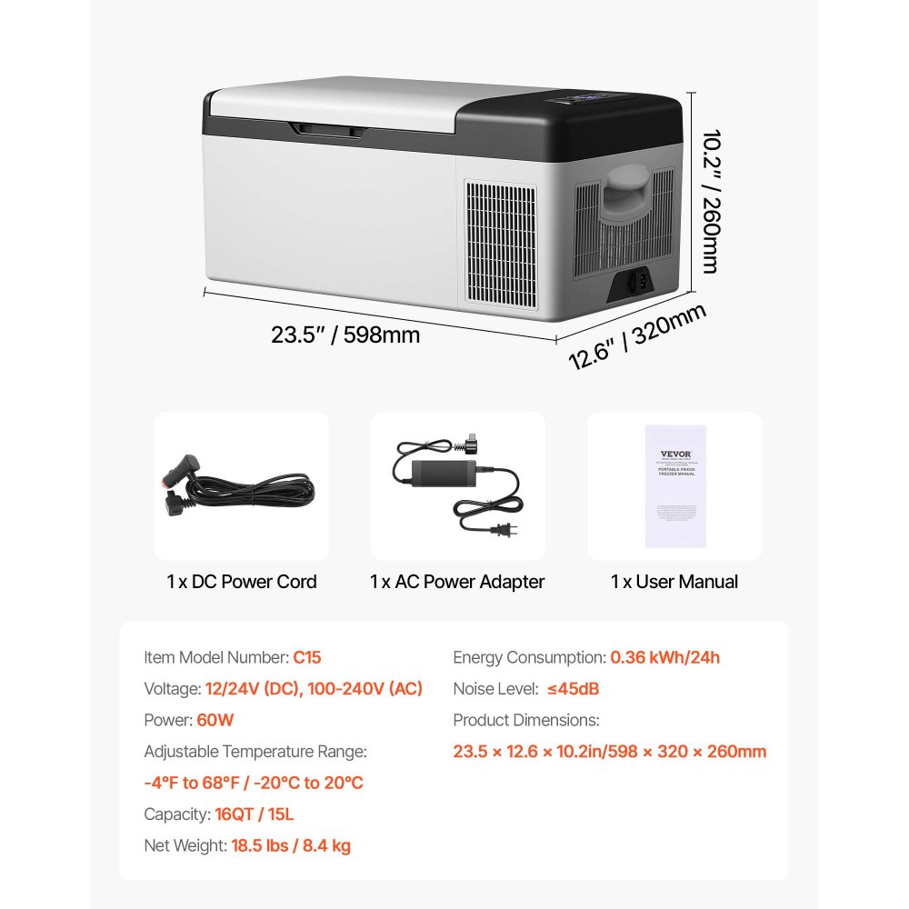 VEVOR 12 Volt Refrigerator 16 Qt, Portable Mini Car Fridge with -4℉-68℉ Cooling Range & App Control 12/24V DC & 110-240V AC Electric Compressor Cooler for Truck Vehicle RV Boat Outdoor & Home Use, Gre