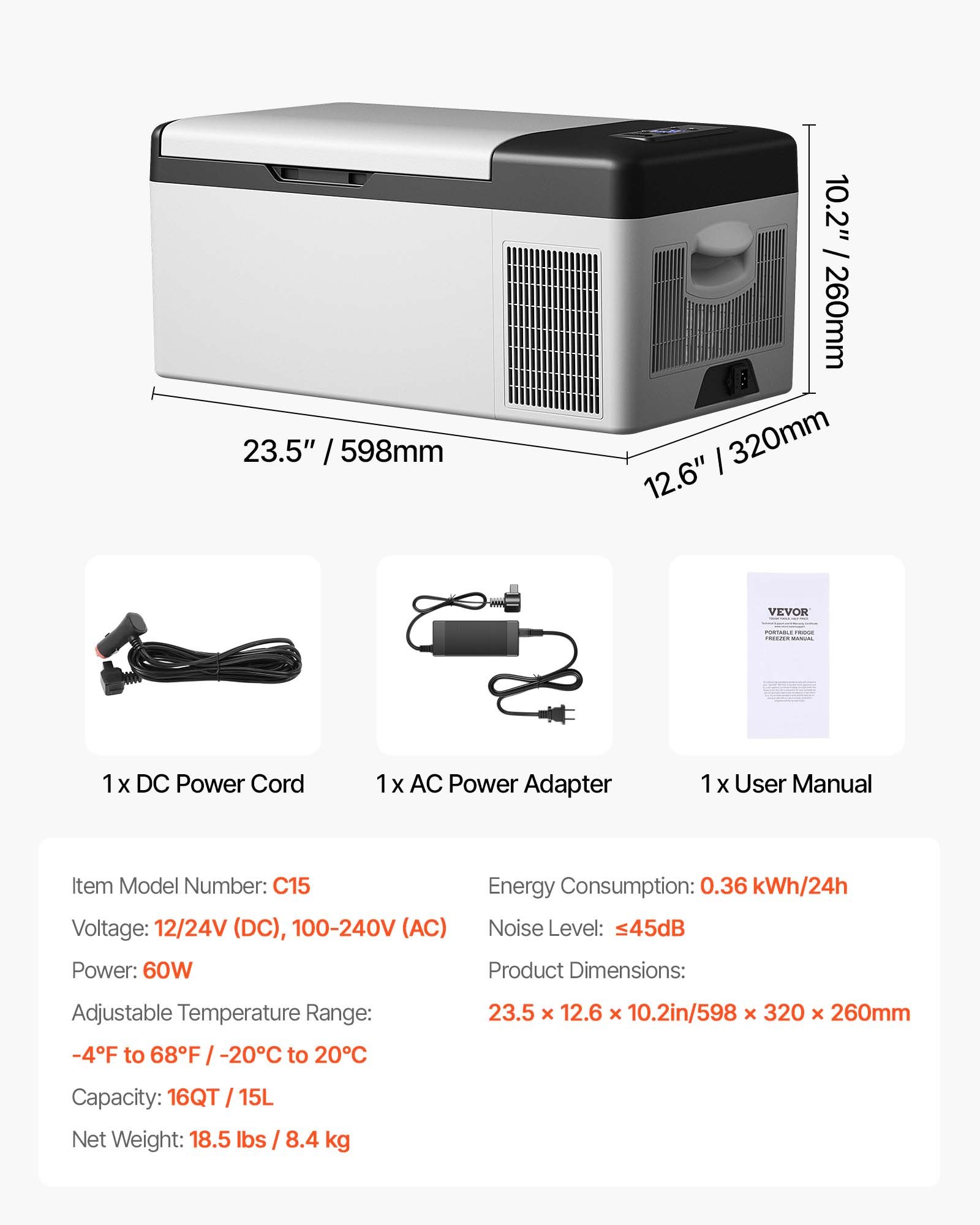 VEVOR 12 Volt Refrigerator 16 Qt, Portable Mini Car Fridge with -4℉-68℉ Cooling Range & App Control 12/24V DC & 110-240V AC Electric Compressor Cooler for Truck Vehicle RV Boat Outdoor & Home Use, Gre