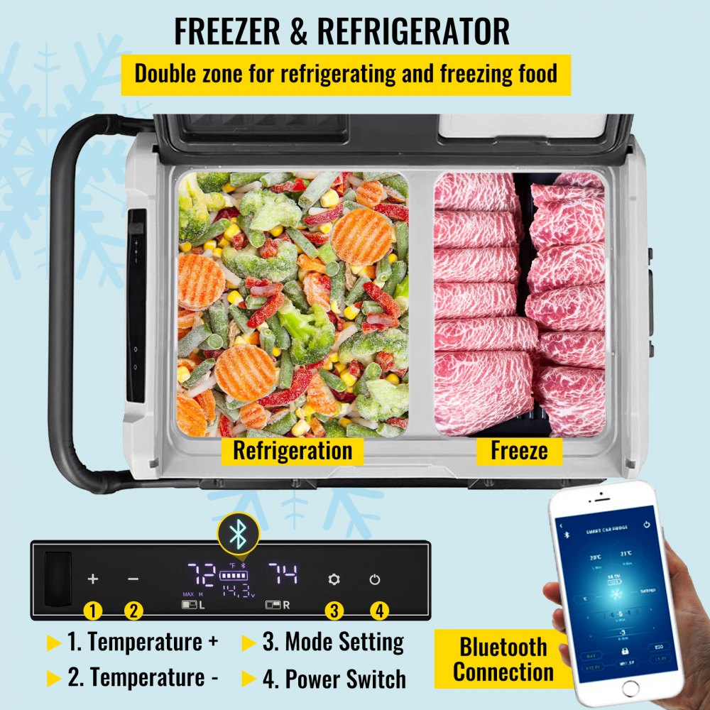 VEVOR 12 Volt Refrigerator 48 Quart, Dual Zone Car Fridge Freezer w/App Control & Wheels 12/24V DC & 110-240V AC Electric Compressor Cooler for Truck Vehicle RV Boat Outdoor & Home Use, -4℉-68℉ Black