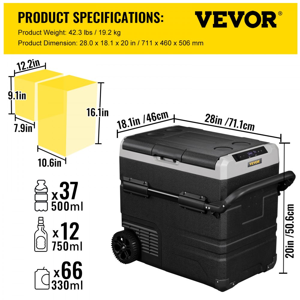 VEVOR 12 Volt Refrigerator 48 Quart, Dual Zone Car Fridge Freezer w/App Control & Wheels 12/24V DC & 110-240V AC Electric Compressor Cooler for Truck Vehicle RV Boat Outdoor & Home Use, -4℉-68℉ Black