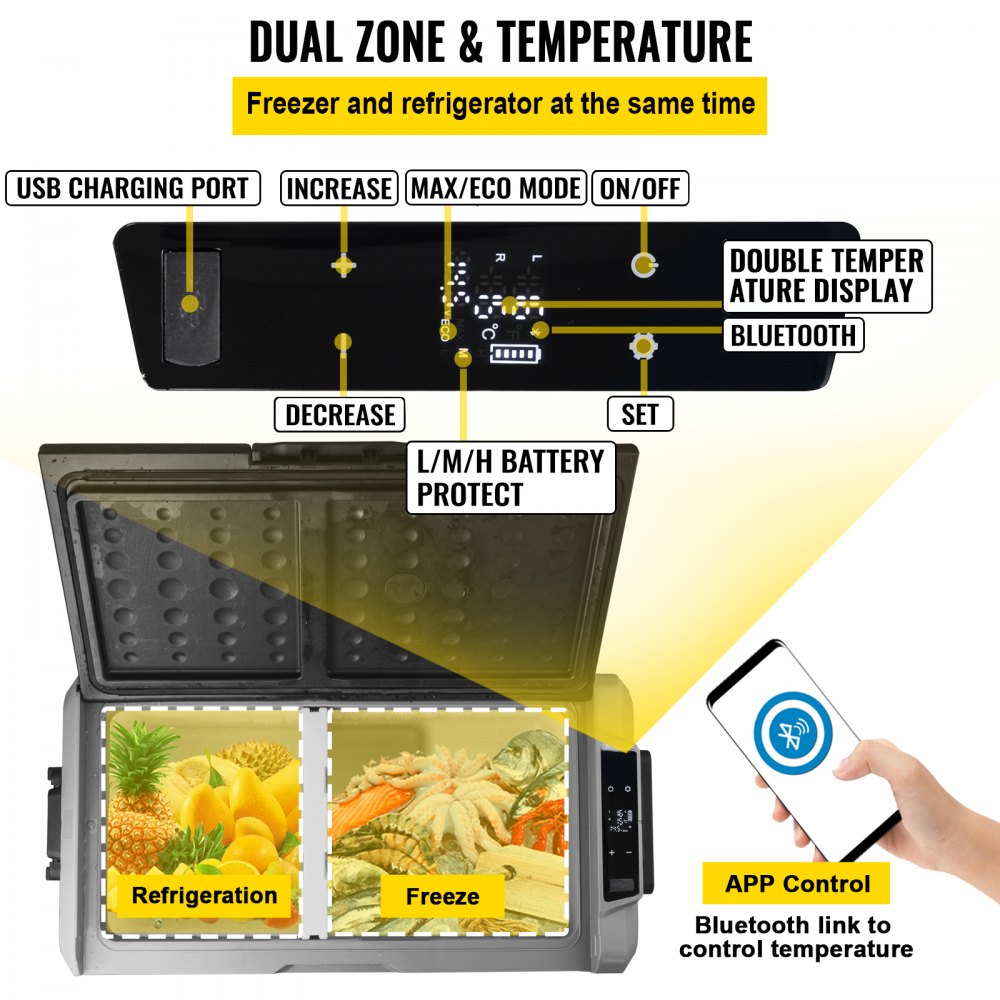 VEVOR 12 Volt Refrigerator, 53 Qt Dual Zone Car Fridge Freezer w/App Control & Wheels 12/24V DC & 110-240V AC Electric Compressor Cooler for Truck Vehicle RV Boat Outdoor & Home Use