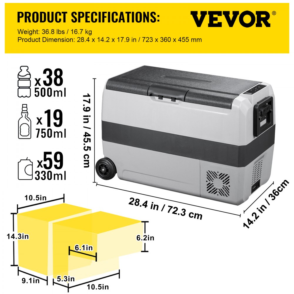 VEVOR 12 Volt Refrigerator, 53 Qt Dual Zone Car Fridge Freezer w/App Control & Wheels 12/24V DC & 110-240V AC Electric Compressor Cooler for Truck Vehicle RV Boat Outdoor & Home Use