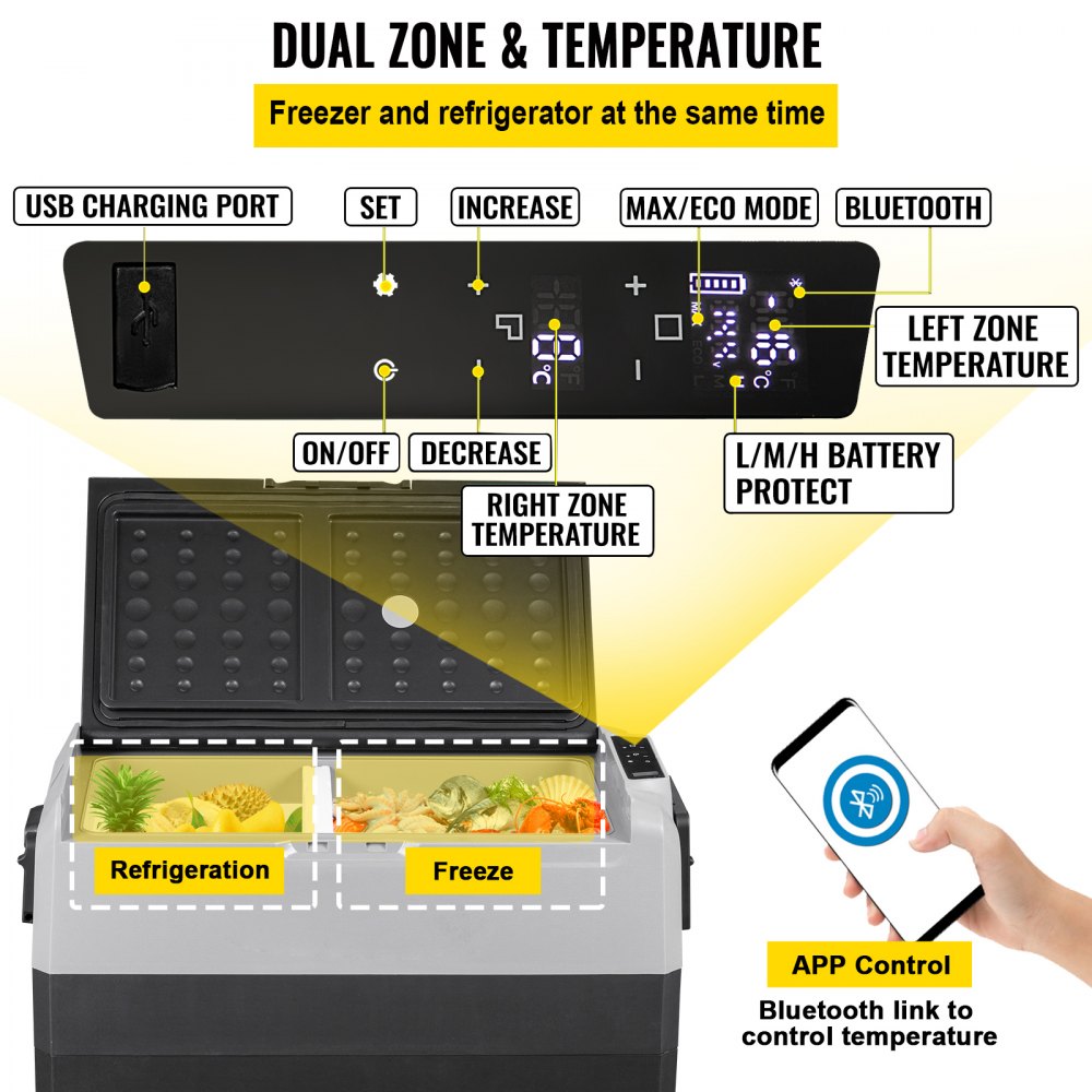 VEVOR Refrigerador de 12 voltios, refrigerador congelador para automóvil de doble zona de 63 cuartos con control de aplicación y ruedas, refrigerador de compresor eléctrico de 12/24 V CC y 110-240 V CA para camión, vehículo, RV, barco, uso al aire libre y en el hogar