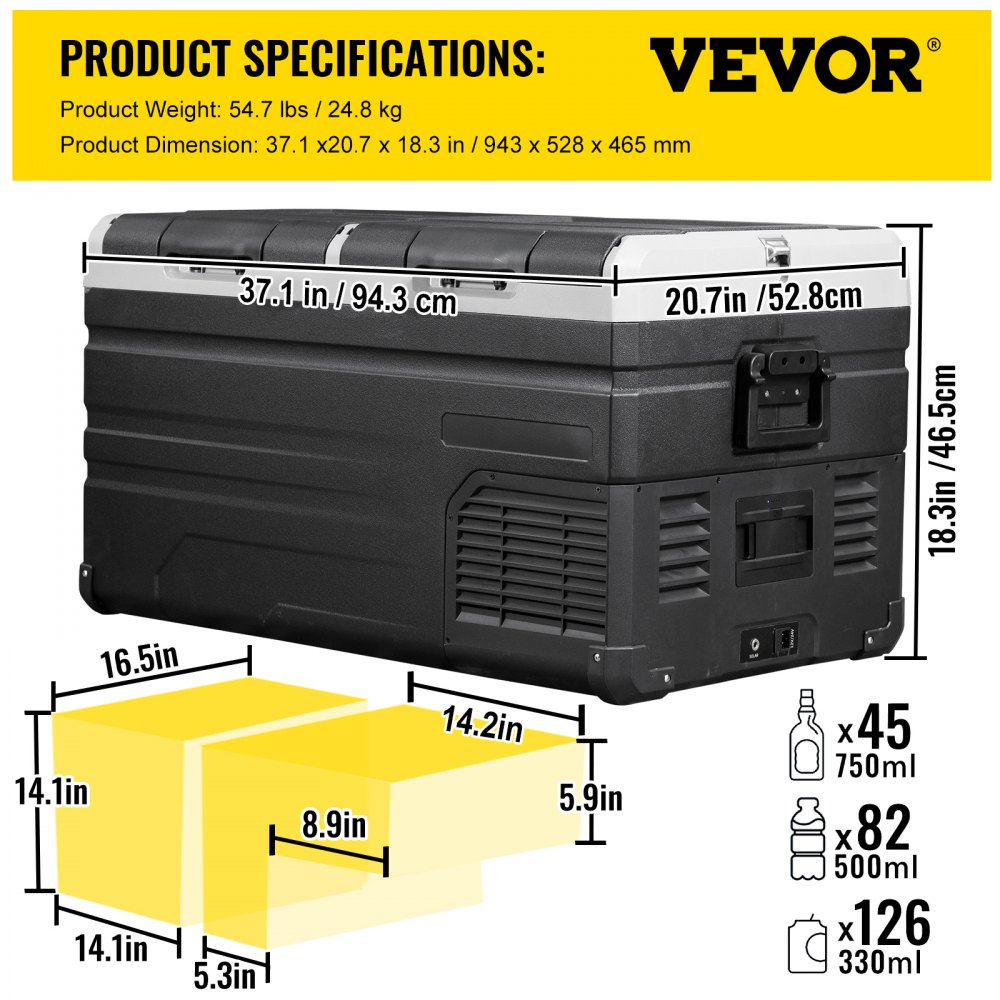 VEVOR 12 Volt Refrigerator 100 Quart, Dual Door Chest Refrigerator 12/24V DC & 110-240V AC Electric Compressor Cooler for Truck Vehicle RV Boat Outdoor & Home Use, -4℉-68℉ Black