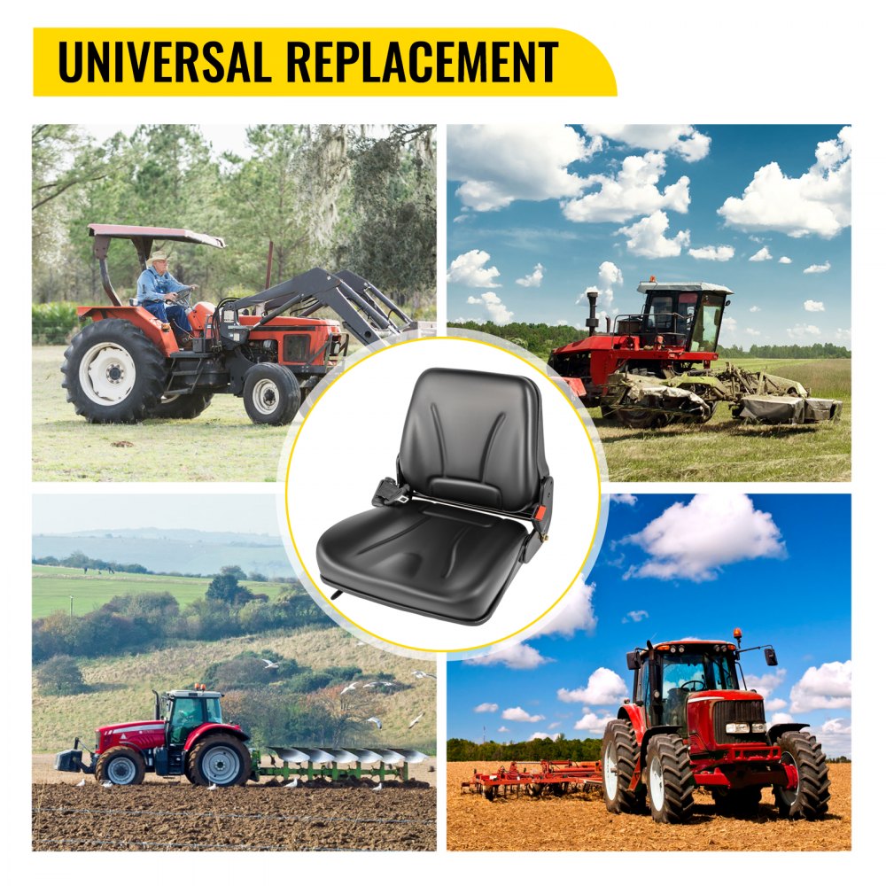 VEVOR Tractor Seat Universal Folding Forklift Seat Black Vinyl with Seat Belt