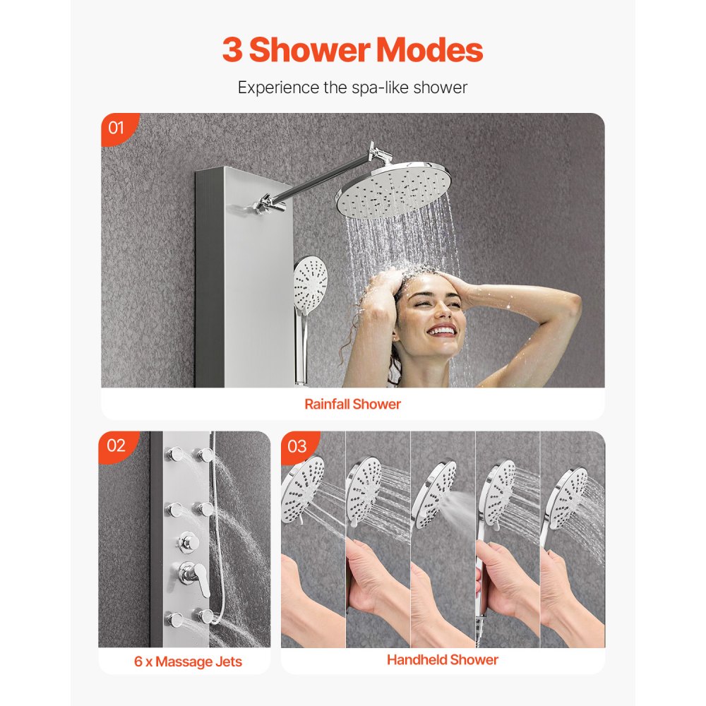 VEVOR Shower Panel Tower System with Rainfall Shower Head, 49 in Brushed Stainless Steel Shower Column, 3-Function Faucet, High Pressure Wall-Mount Rain Massage System with 6 Body Jets and Handheld